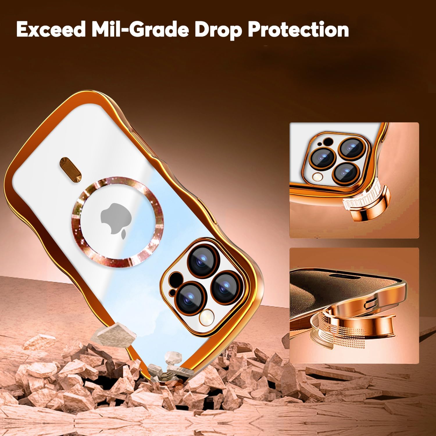 Misscase Designed for iPhone 16 Pro Max Case 6.9",with Privacy Screen Protector*1,Cute Wave Frame Case with Camera Lens Protector,Compatible with MagSafe Plating Bling for Women Orange image 4
