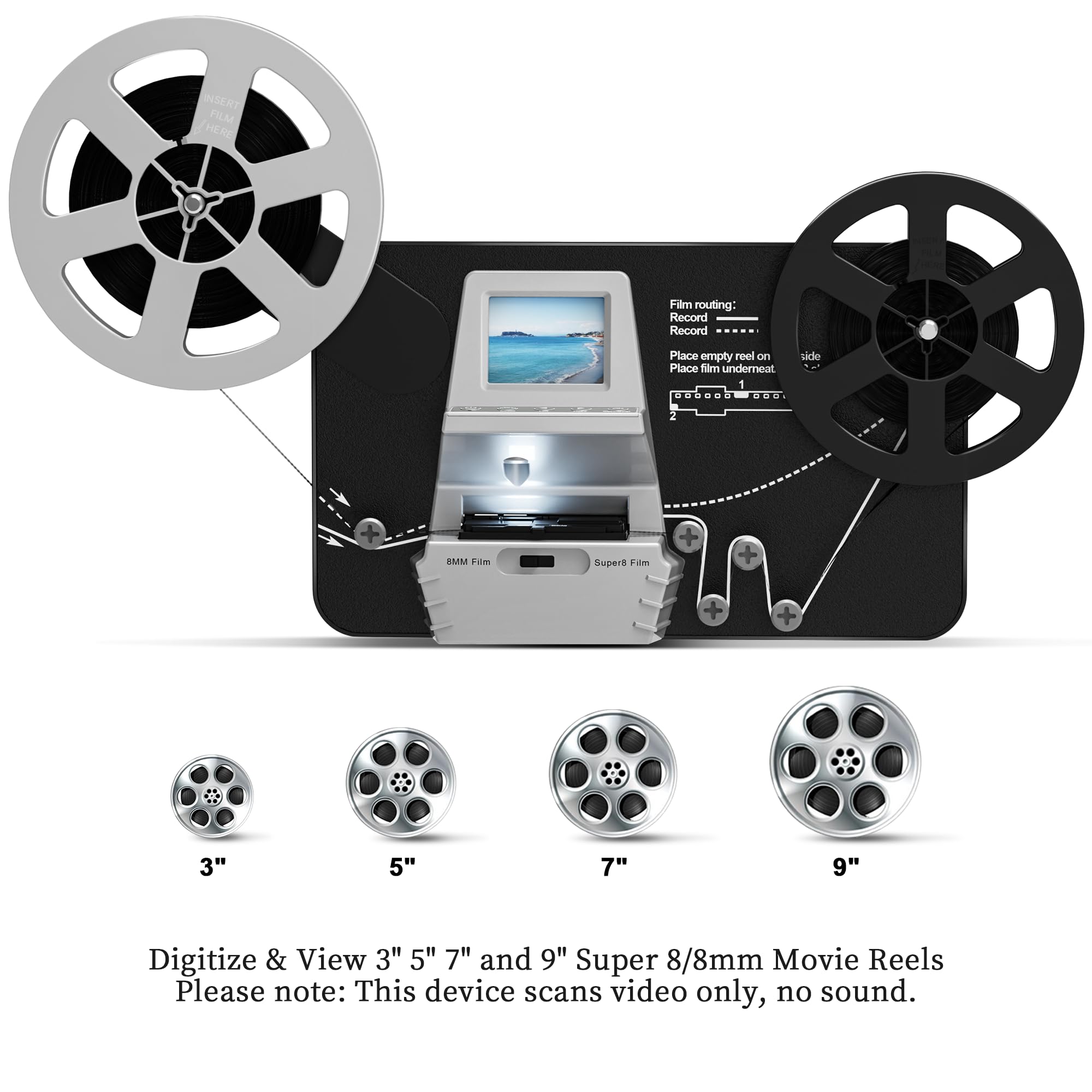 Super Escáner de 8/8 mm, convertidor en Rollo Digital (película Sobre Rollo de 3 pulgadas, 5 pulgadas, 7 pulgadas y 9 pulgadas), digitalizador de vídeo Con pantalla LCD de 2,4 pulgadas