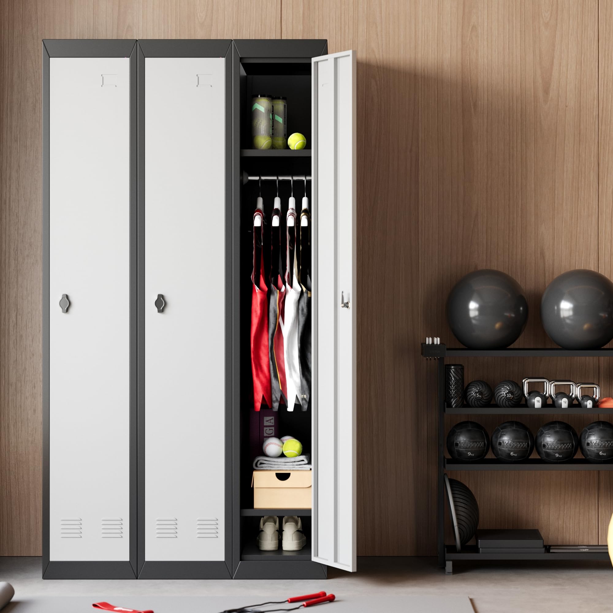 Garvee Spind Metall 180x30.5x45.7cm Stahlschrank abschließbar Garderobenschrank mit Kleiderstange & Lüftungsschlitzen Metallschrank für Büro Garage Schule Keller Umkleideschrank Grau Schwarz
