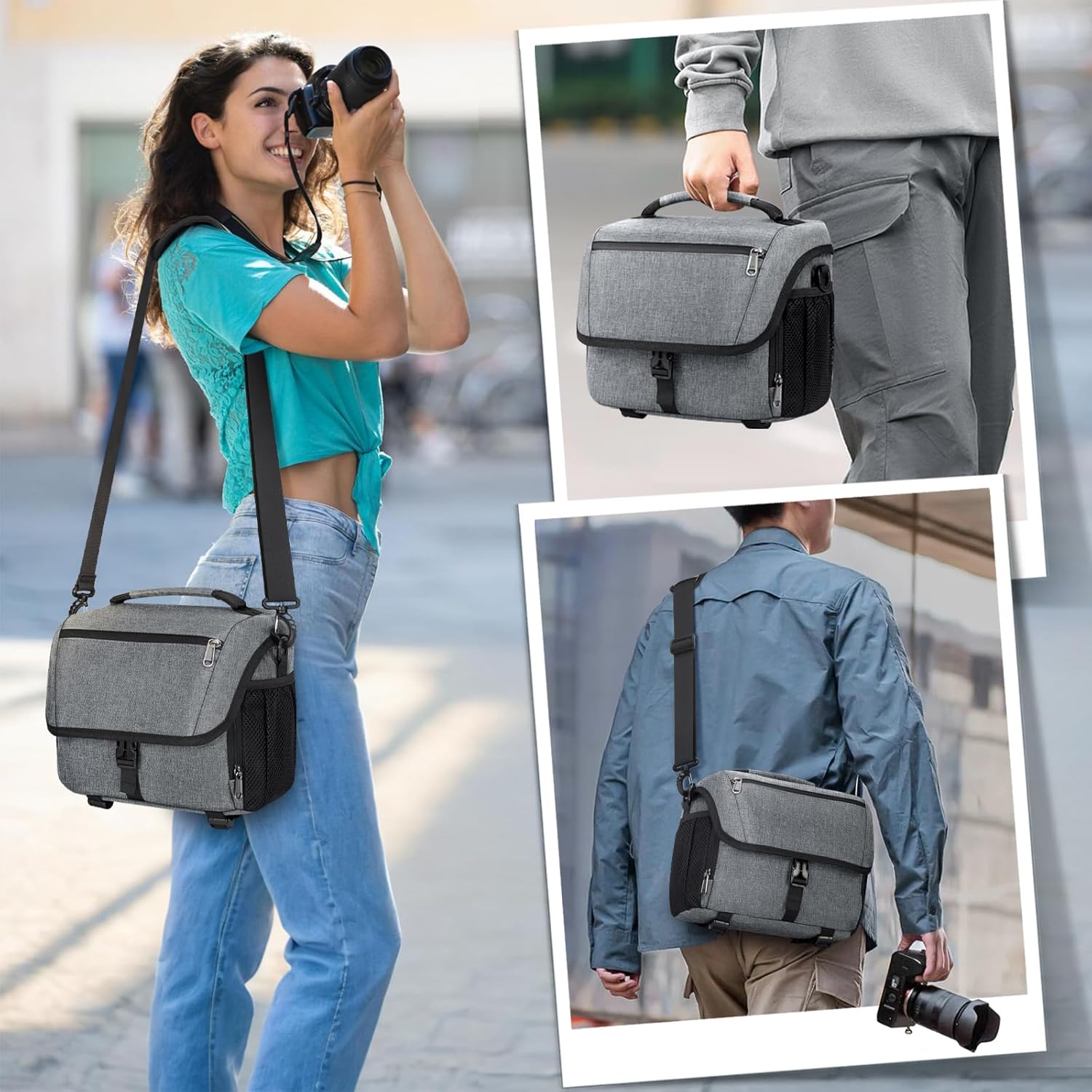 RAINSMORE Camera Bag, DSLR/SLR/Mirrorless Camera Case with Tripod Holder Waterproof Camera Sling Bag Crossbody Camera Bags for Photographers with Rain Cover for Canon/Nikon/Sony/Fuji, Grey