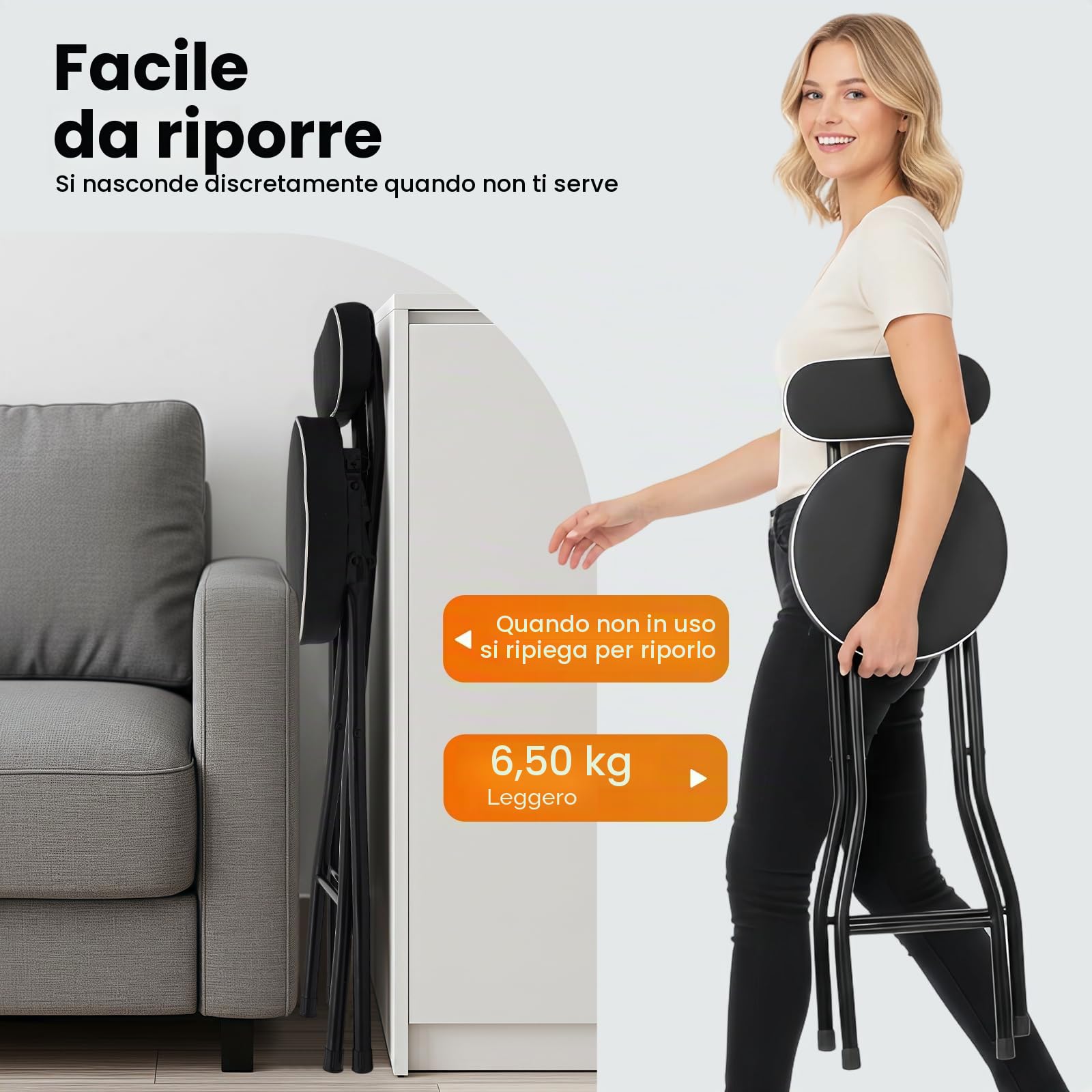 Set di 2 sgabelli da bar pieghevoli, con schienale, 65 cm, per interni ed esterni, cucina, bar, bistrò, campeggio, colore nero, portata 125 kg