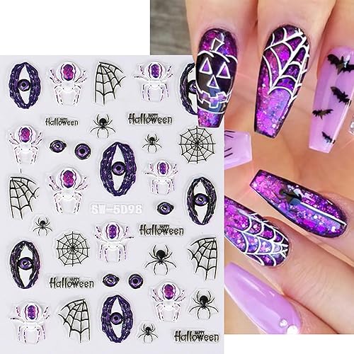 Miniatura 4 de 6 hojas de calcomanías de arte de uñas de Halloween, 5D estéreo, autoadhesivas, diseño de ojos holográficos, fantasma, llama, calabaza, día de los