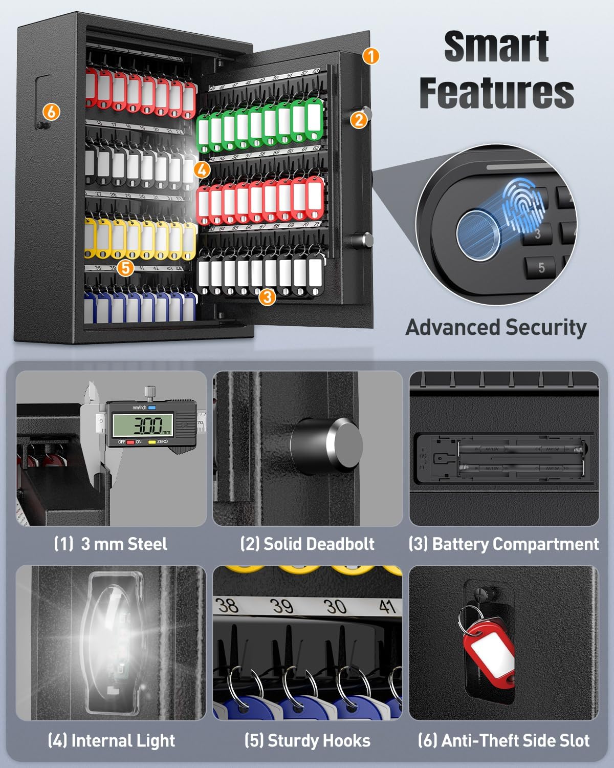 Detailed view of the Uniclife Key Box features, including 3mm steel construction, solid deadbolt, battery compartment, internal light, sturdy hooks, and an anti-theft side slot.