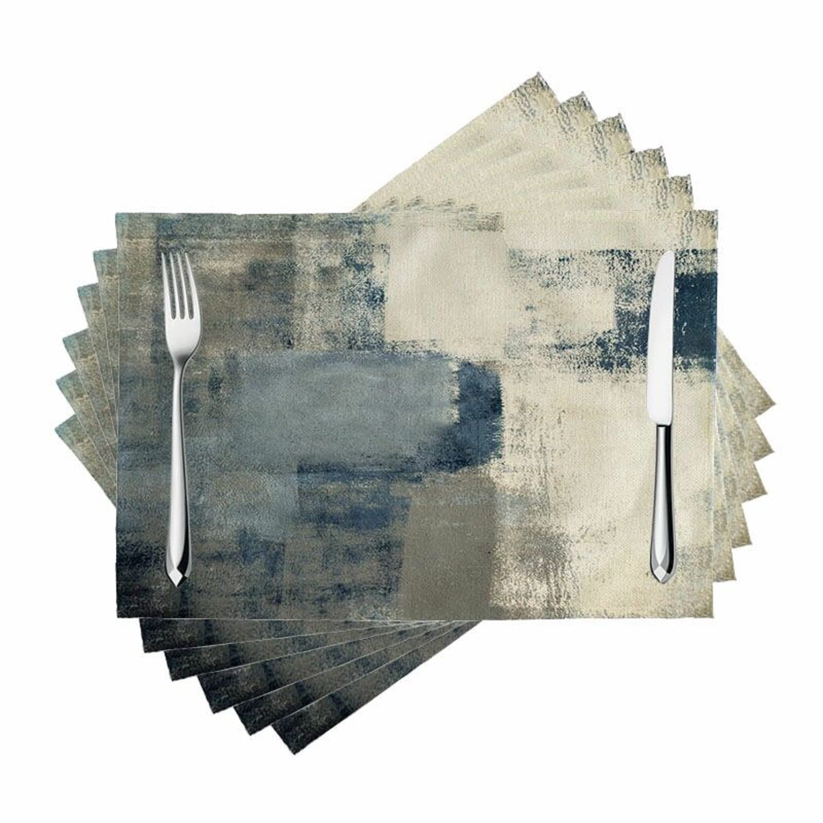 Blue Modern Art Placemats Set of 6 White and Grey Abstract Painting Artwork Linen Farmhouse Kitchen Dining Table Mats Non-Slip Washable for Home Cafe (12.6 InchX16.5 Inch), White Grey