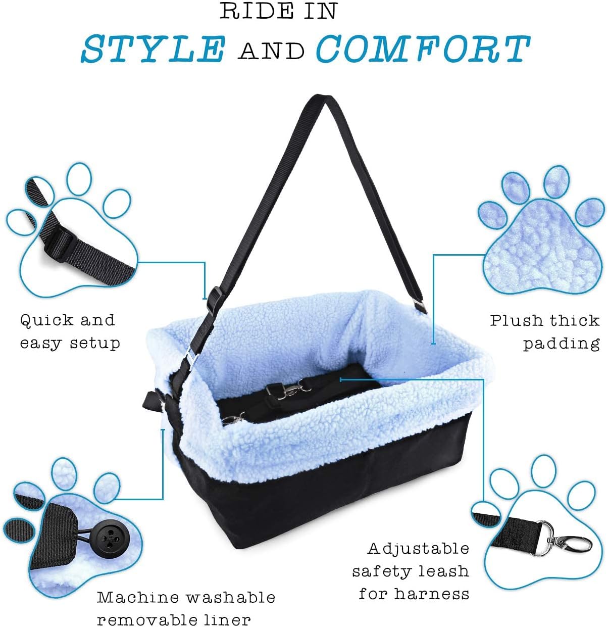 Stella and Bear Blue and Black Cozy Boost with Clip On Leash- Premium Quality Dog Booster Seat and Collapsible Dish for Small Dogs, Puppies, and Pets Up to 18 lbs