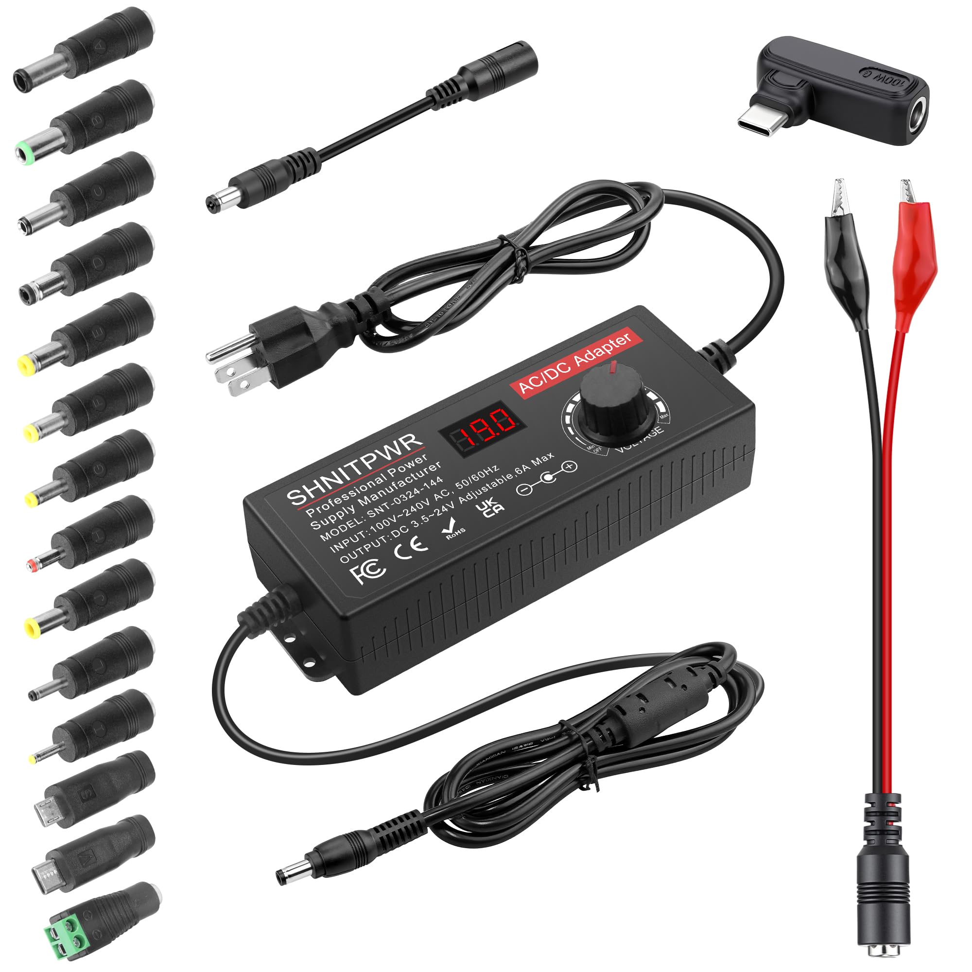 SHNITPWR Adjustable Universal Power Supply DC 4V~24V 3A 5A 6A 144W AC/DC Adapter with USB C Charger PD 100W 100V-240V AC to DC Converter Variable Power Adapter 24V,14 Tips,Alligator Clip Power Cable
