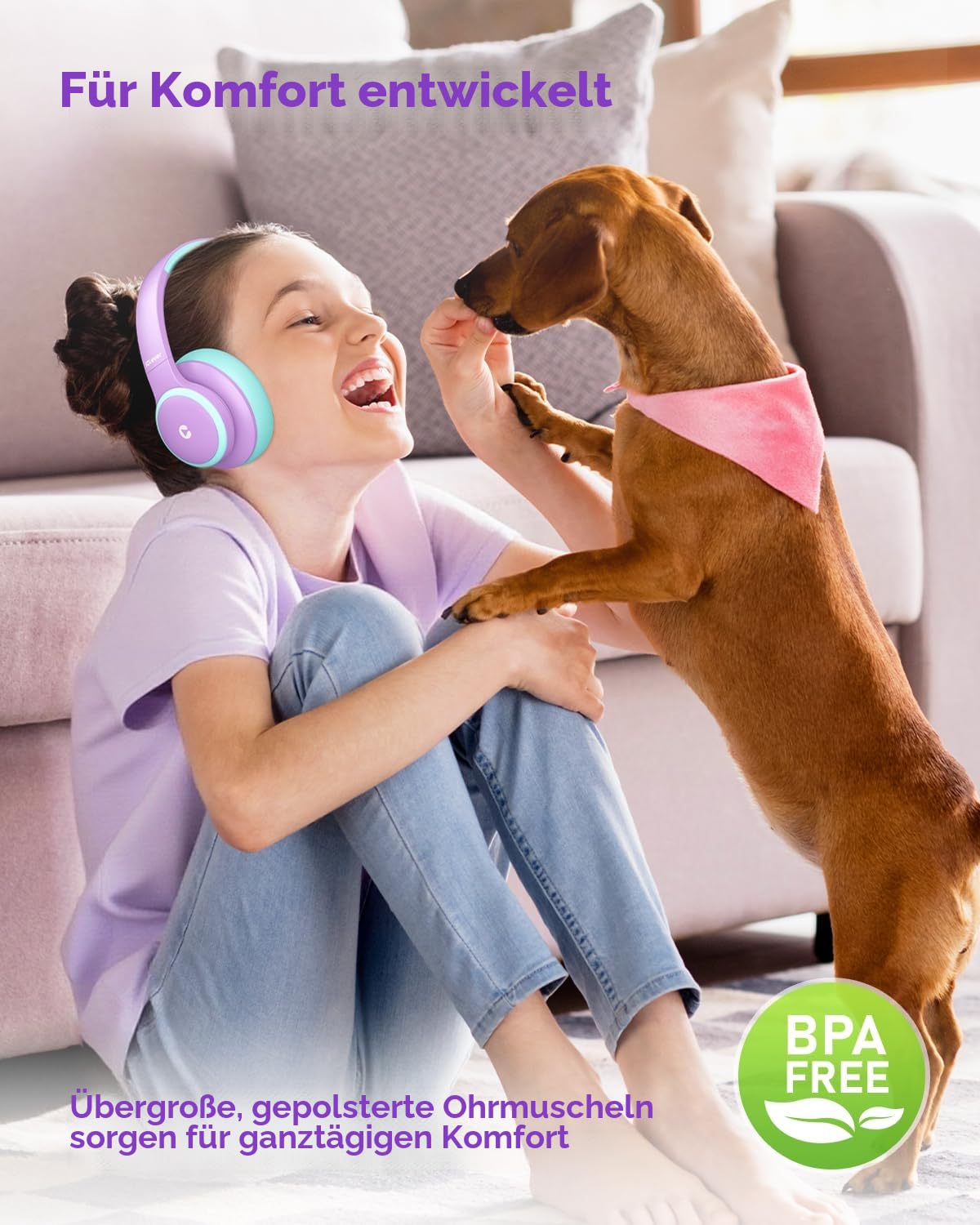 iClever Noise Cancelling Bluetooth Kopfhörer Kinder, 60 Spielzeit, Sichere Lautstärke 80 dBA, Typ-C-Schnellladung, Bluetooth 5.4, Kinder Kopfhörer mit Mikrofon-AUX-Kabel für iPad, Lila