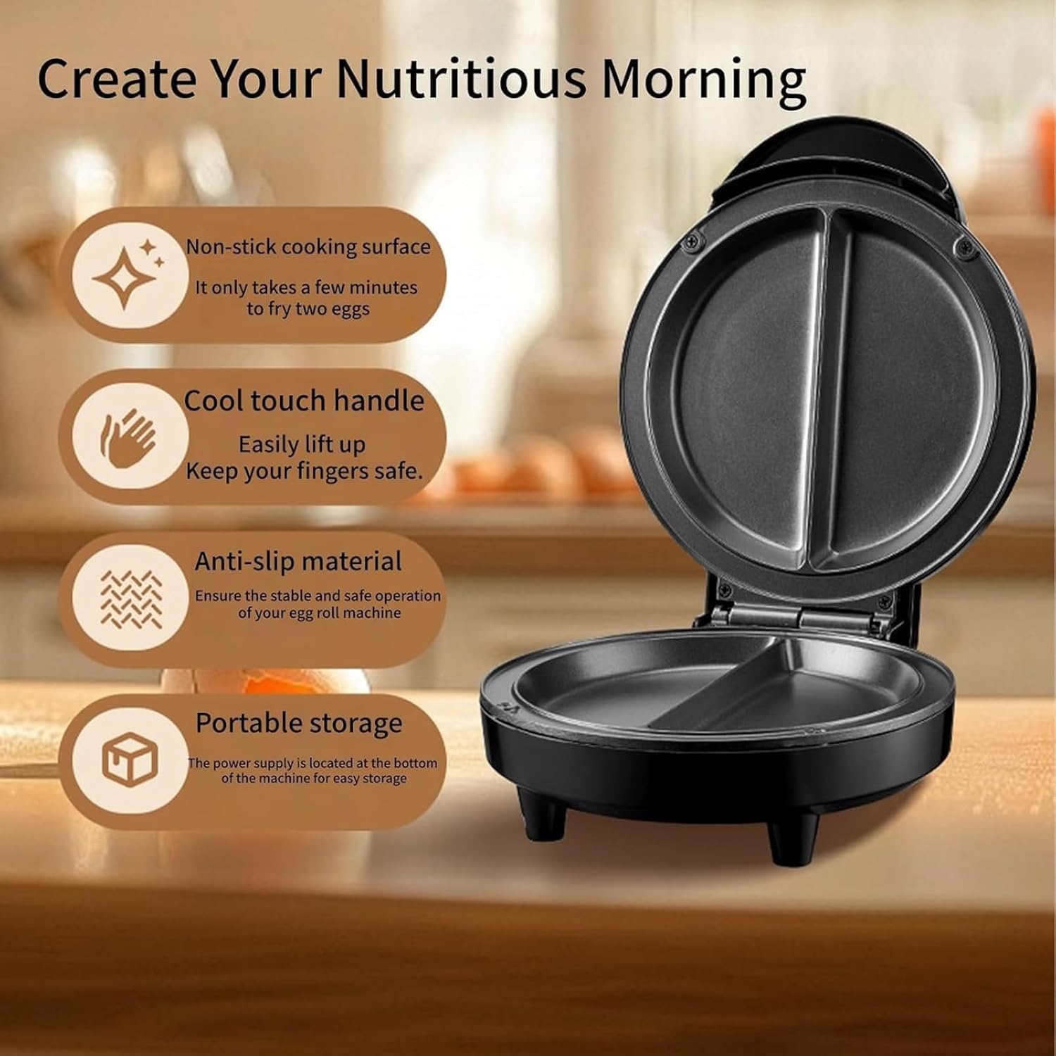 Dual-Zone Electric Omelette Maker 1000W, Double-Sided Egg Cooker with Non-Stick Plates, Indicator Lights, Cool-Touch Handle, Compact Breakfast Maker for 2 Omelettes