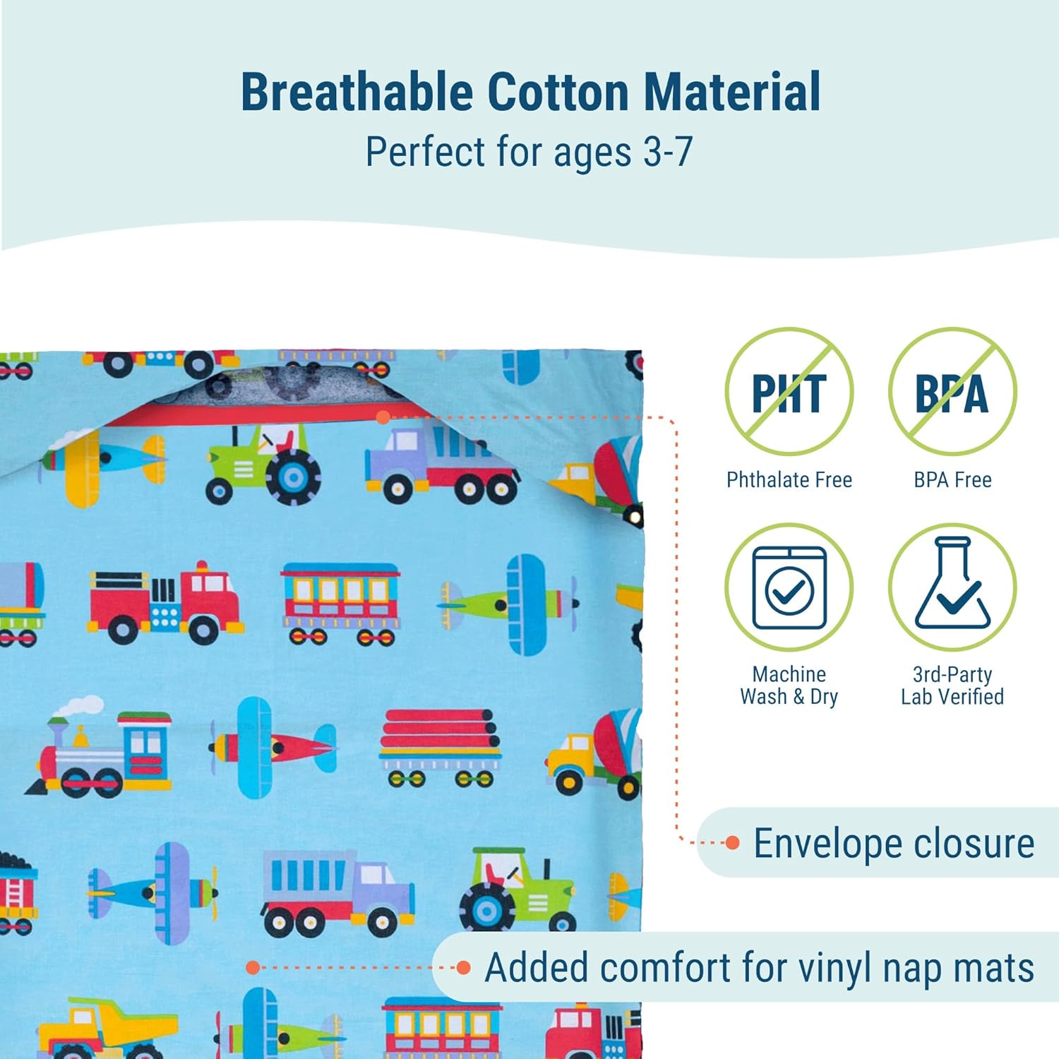 Wildkin Kids Rest Mat Cover Bundle with Bento Box, Reusable Mat Cover & Lunch Set for School and Travel - Trains, Planes & Trucks