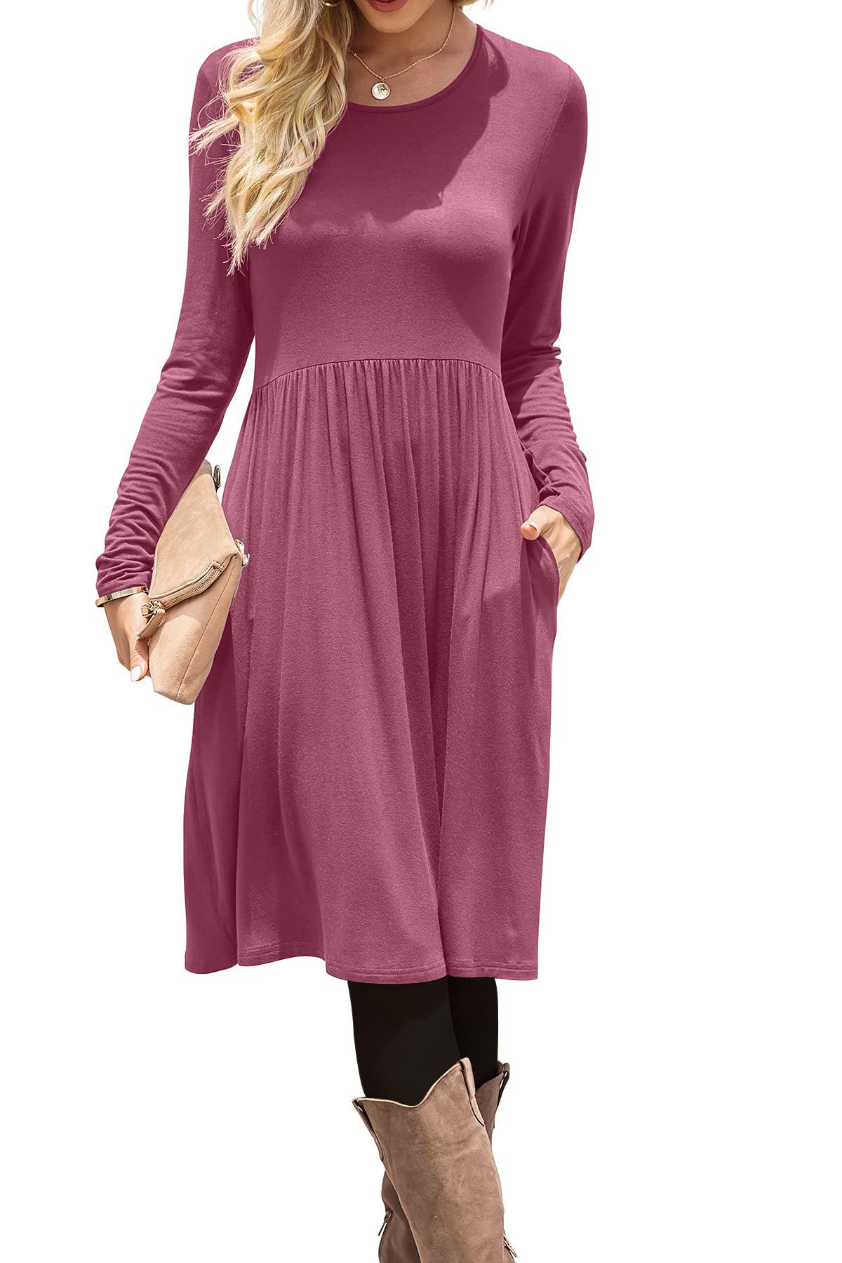 DB MOON Women Casual Long Sleeve Dresses Empire Waist Knee Length Loose Dress with Pockets