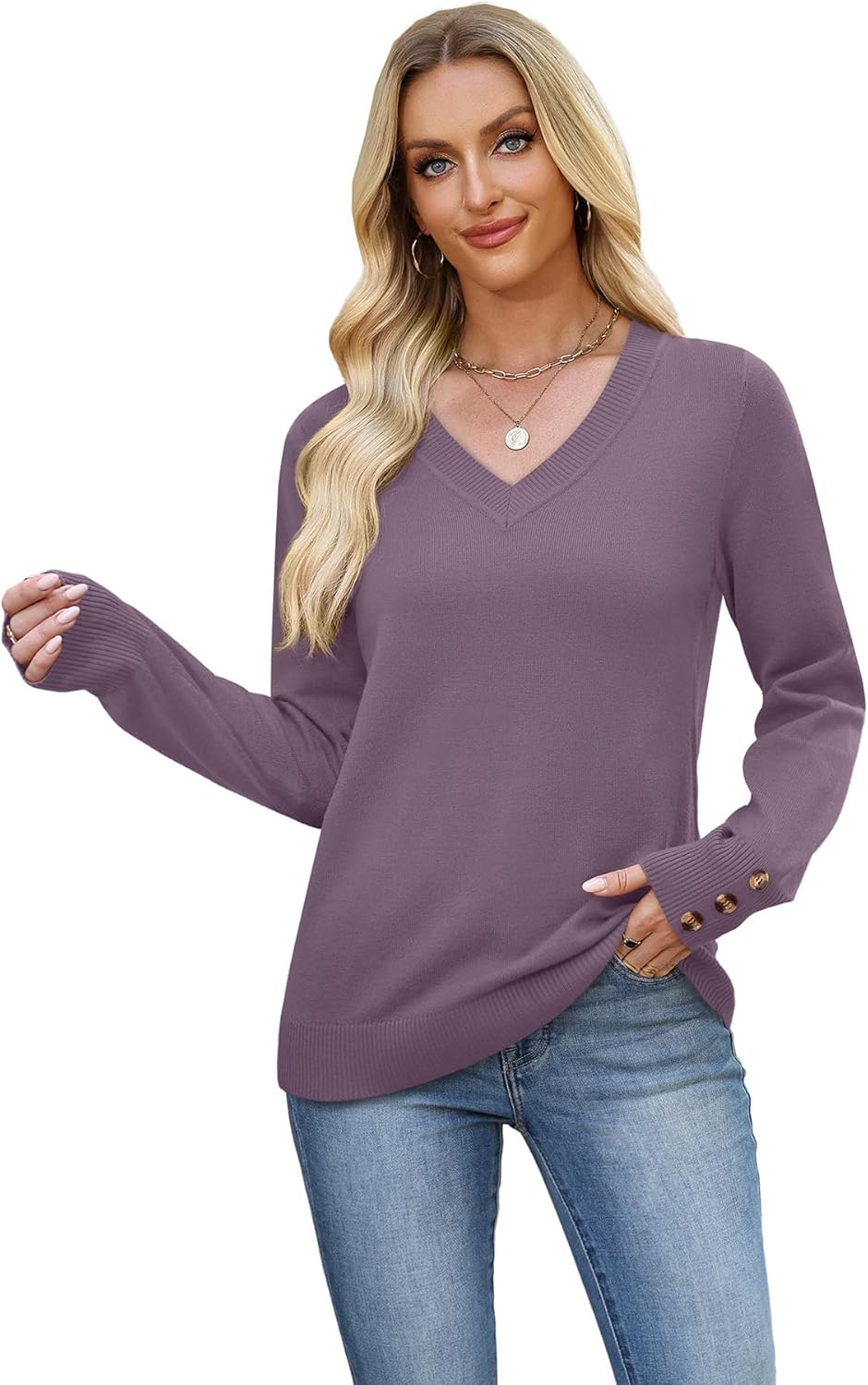 WIHOLL Lightweight Sweaters for Women Long Sleeve V Neck Knit Outfits with Decorative Buttons - Image 4
