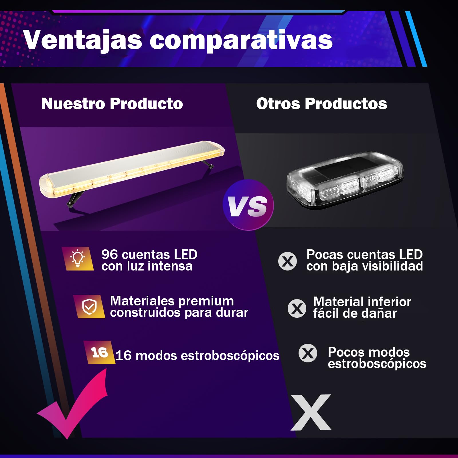 Luz LED de advertencia intermitente de 130 cm – 96 ledes 3000 K 3000 K barra de luz para coche 12 – 24 V intermitente de emergencia, quitanieves, barra de luz IP65 con cable de 3,8 m