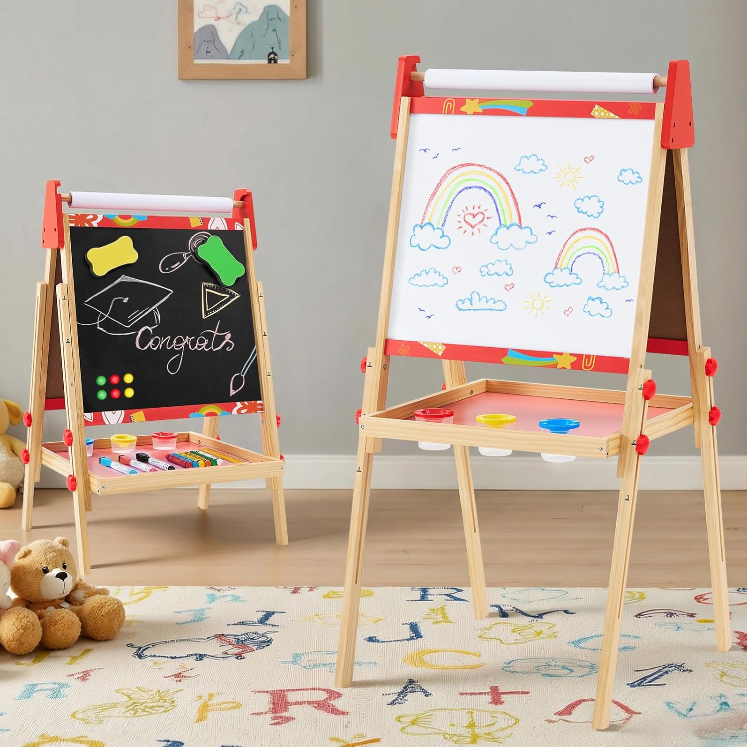 DUMOS Kids Easel Set with Paper Roll, Adjustable Height Wooden Double-Sided Magnetic Chalkboard & Whiteboard Art Station for Ages 3+, Dry Erase Board, Gift Idea with Accessories for Girls and Boys