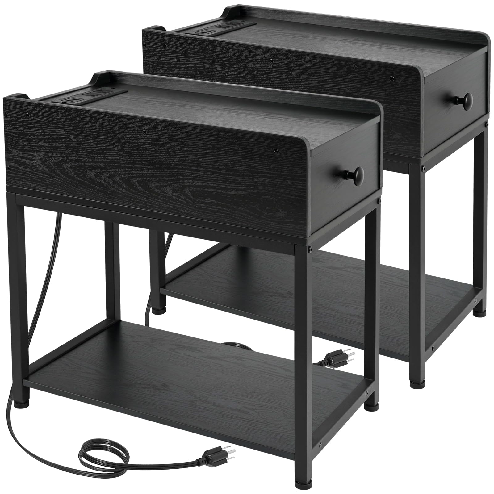 AMHANCIBLE Narrow Side Table, Nightstands Set of 2 with Charging Station, Slim End Table with USB Ports & Outlets, Bedside Table with Drawer for Bedroom, Living Room, Black, HET04LDBK