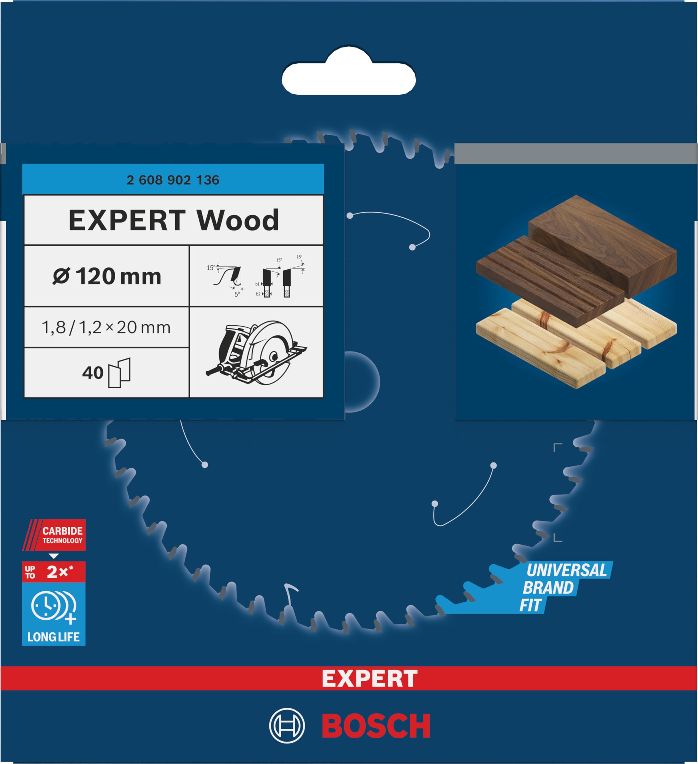 Bosch 1x Lama per sega circolare EXPERT per legno cablata (per Legno tenero, Legno duro, Ø mm, Professional Accessorio Seghe circolari a filo portatili)