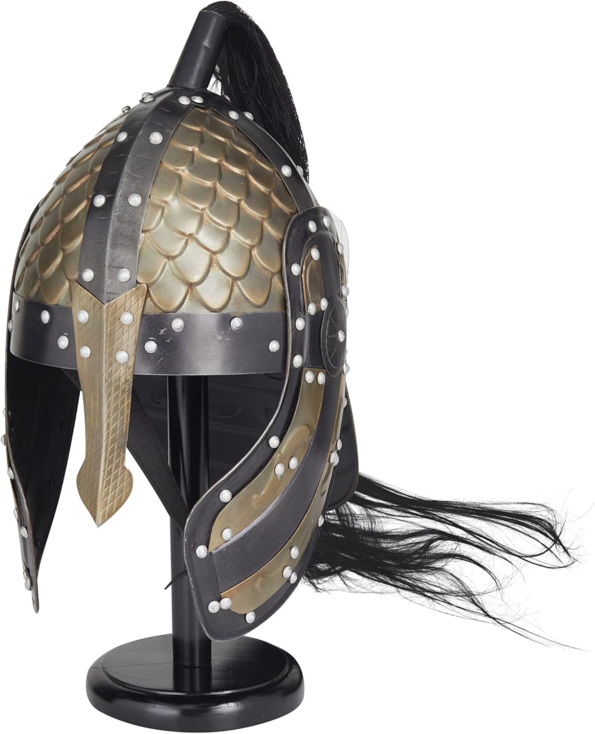 Deco 79 Metal Replica Medieval Greek Spartan Helmet with Black Wood Stand and Plume, 10" x 12" x 18", Gold