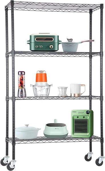 BestOffice | 4-Tier Wire Storage Shelves with Wheels | 36x14x62 | Black | Adjustable Racks | Heavy-Duty Metal Shelf, Holds Upto 500 lbs | No-Tool Assembly | Ideal for Home & Garage Shelving