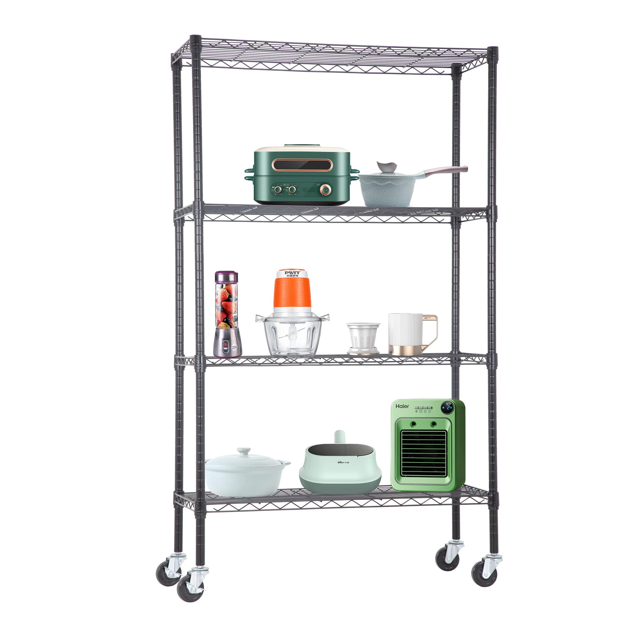 BestOffice | 4-Tier Wire Shelf with Wheels | 36" x 14" x 62" | Black