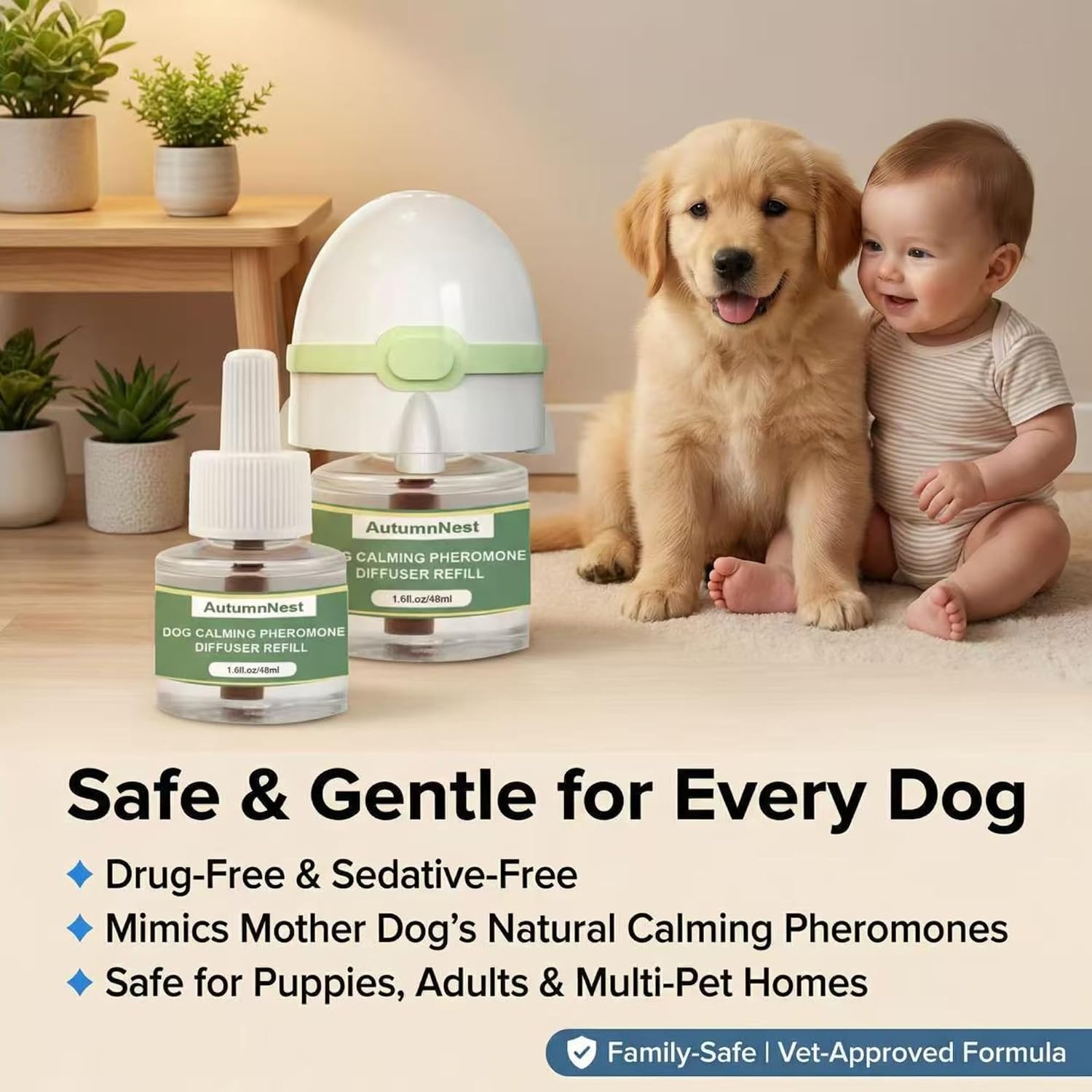8-in-1 Dog Calming Pheromone Diffuser Kit – Pet Stress Support (2 Plug-Ins & 6x48ml Refills), Calming Diffuser for Dog During Thunderstorms, Travel, Separation, Fireworks & Vet Visits, 180-Day Supply