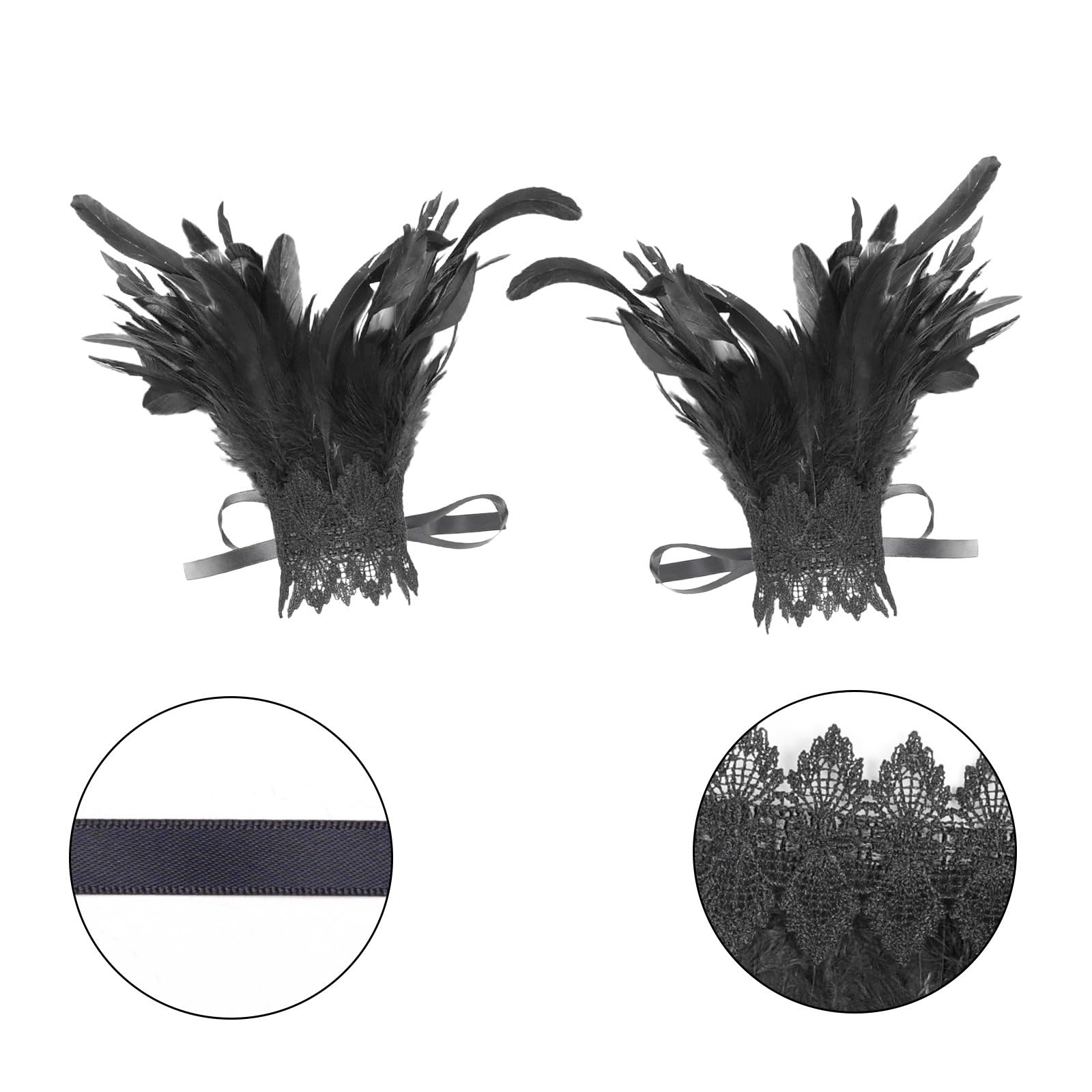 Blausky 1 Pair Feather Bracelets, Feather Bracelet, Lace Fingerless Gloves, Long Feather Gloves - Image 2