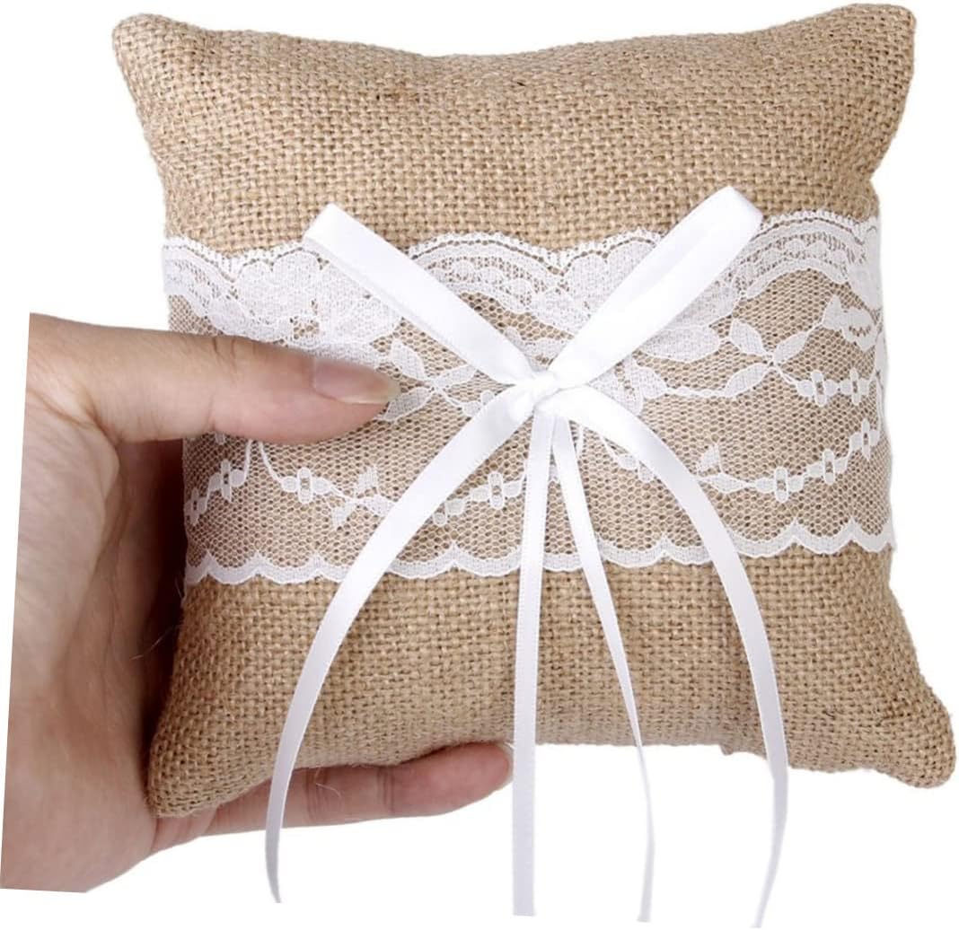LIFKOME Elegant Lace Flower Basket Ring Pillow Set Rustic Jute for Wedding Decorations