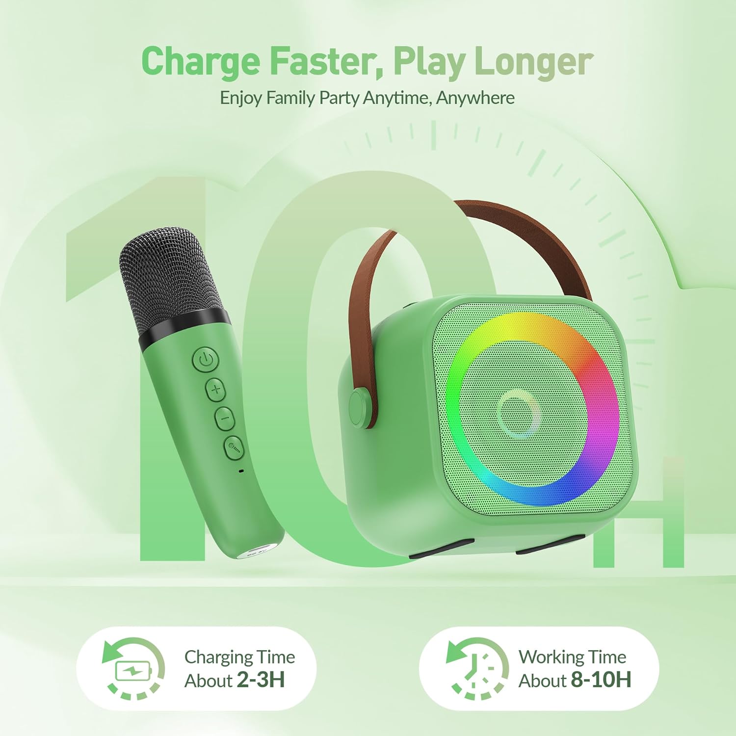 Mini Karaoke Machine：Portable Bluetooth Karaoke Microphone, Singing Speaker with 2 Wireless Mic and Light Kids Adults, Christmas Birthday Gifts for Girls Boys Family Home Party(Green) - Image 7