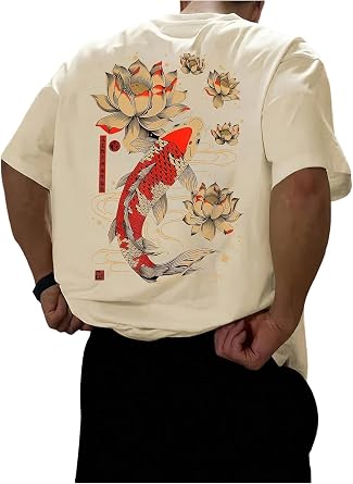 QJQ Mens Letter Graphic Tees Short Sleeve Crewneck T Shirts Trendy Streetear Tops Vintage Japanese Koi Shirts
