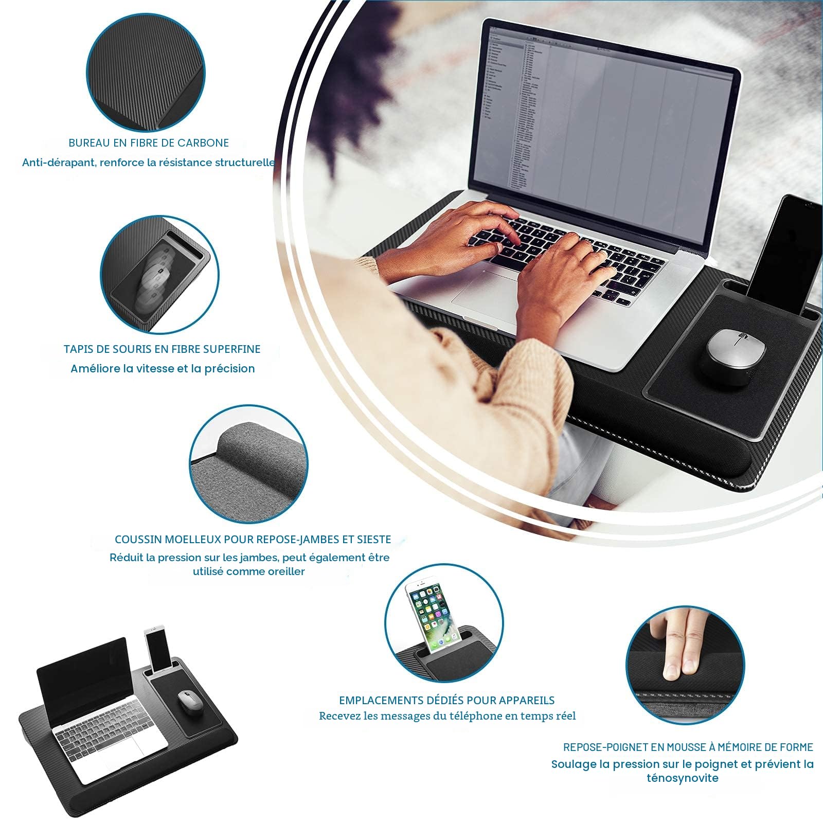 Plateau d'ordinateur Portable pour Lit avec Coussin, Tapis de Souris et Repose-Poignet intégré pour Ordinateur Portable jusqu'à 17"