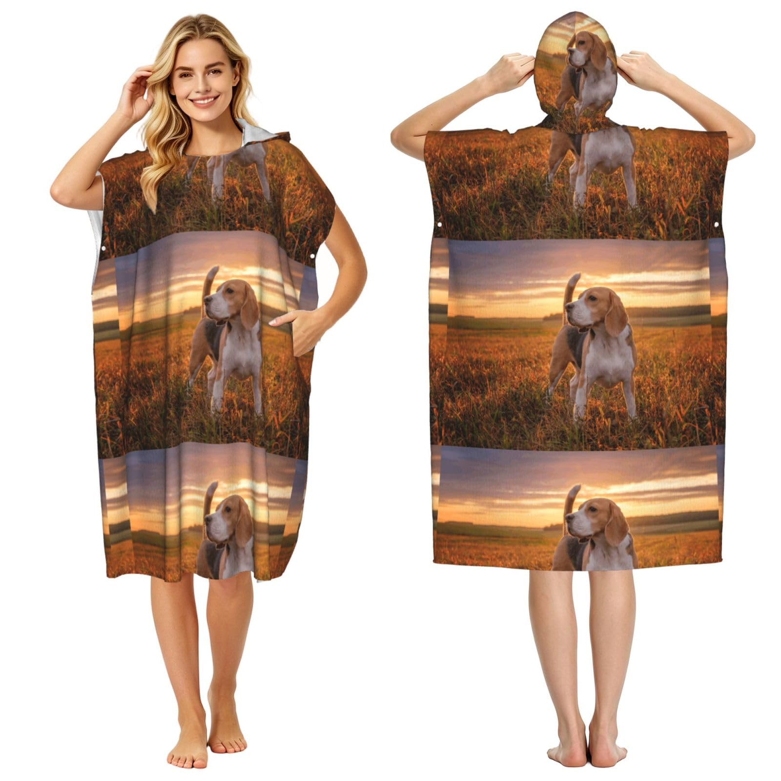 Poadnly Beagle Lawn Dogs On A Walk Pets Dogs Sunset, Adult Hooded Beach Towel 90 x 110 cm,Changing Bath Robe, Surf Poncho Towel For Women Men