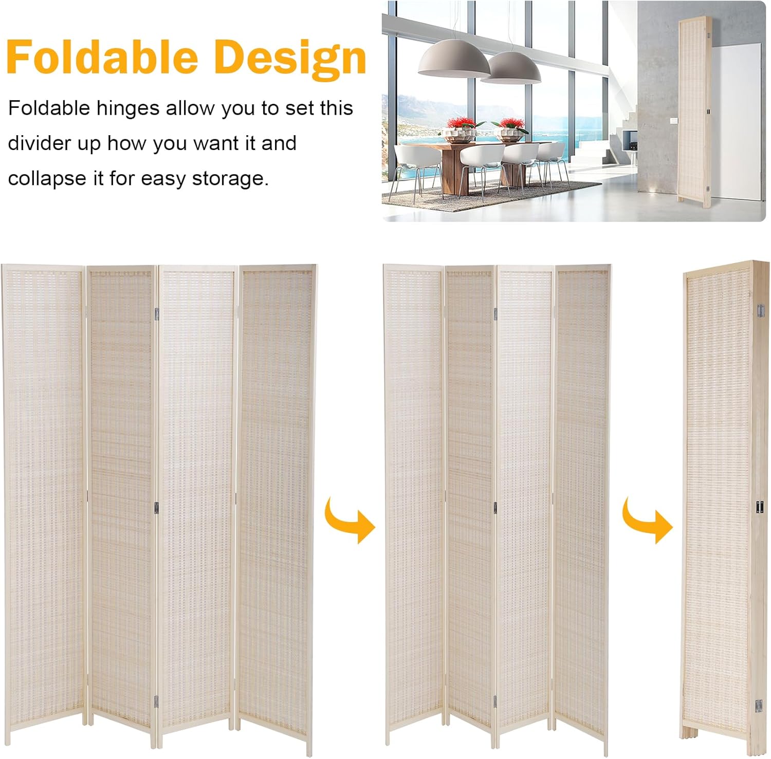 BLKMTY 4 Panel Room Divider, 6ft Folding Privacy Screen, 17.7" Wide Panels, Bamboo Room Partitions and Dividers, Hand-Woven Freestanding Wood Partition for Room Separation, Natural