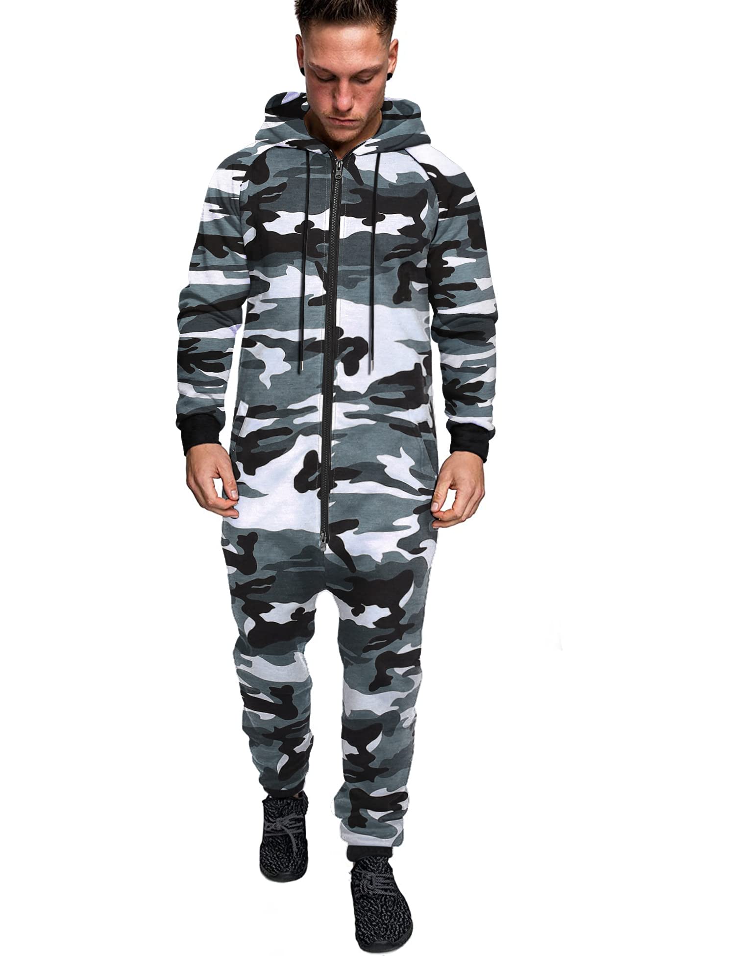 COOFANDY Mens Jumpsuit Onesie Rompers Drawtsring Hooded Full Zip One Piece Tracksuit with Pockets