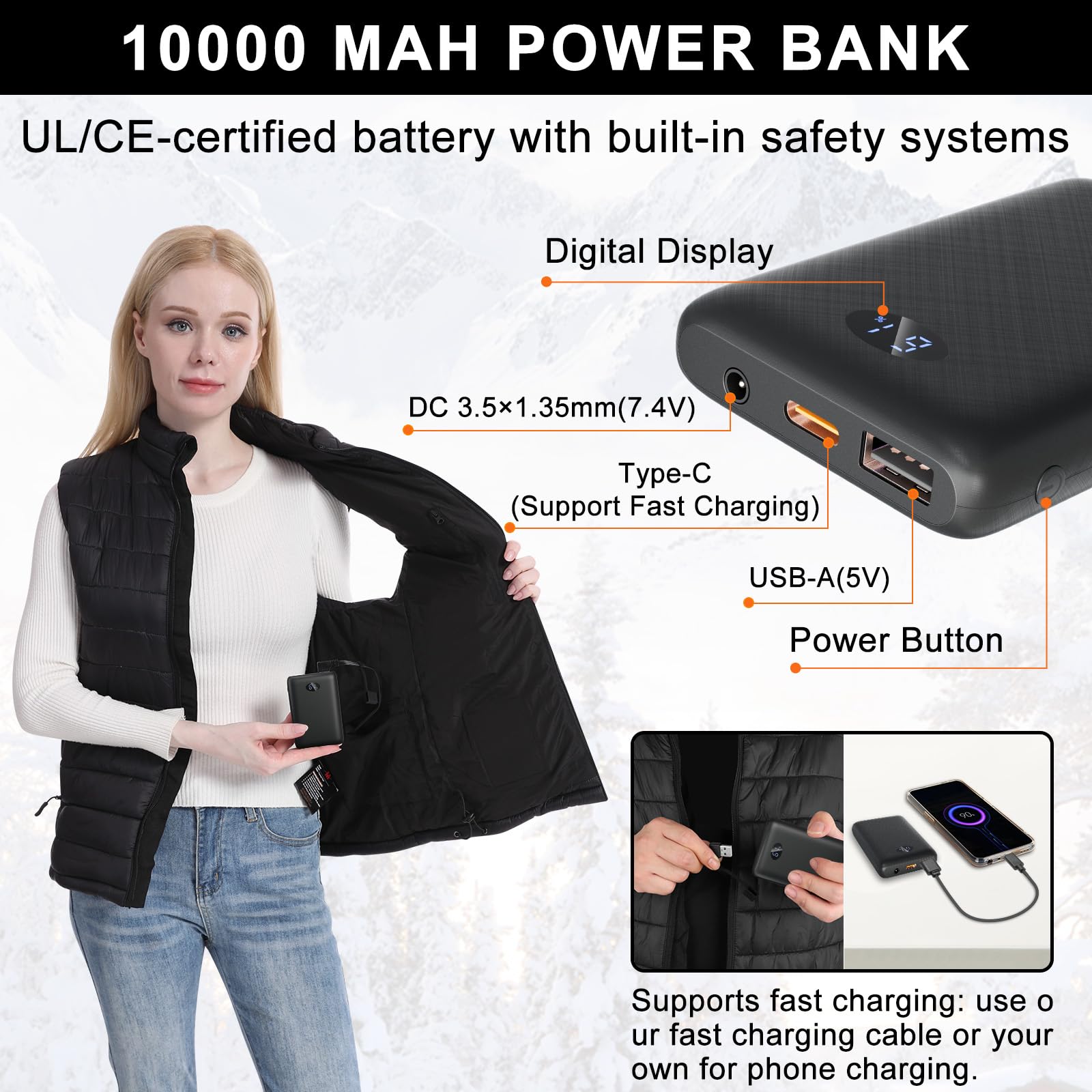 Chaleco Calefactable Mujer, 15 Zonas de Calentamiento, Chaleco Térmico con Batería 10000mAh, Chaleco Calefactable Eléctrico Ligero con 3 Temperaturas para Ciclismo, Trabajo al Aire Libre