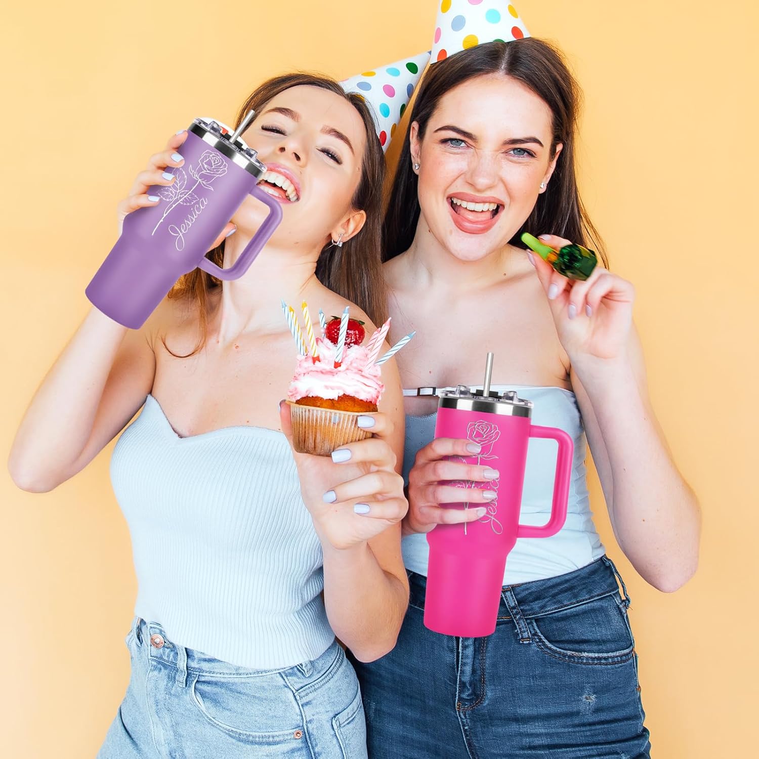 Made in USA - Personalized Tumbler 40oz with Handle and Straw - Custom Stainless Steel Travel Coffee Cup with Engraved Name Text - Personalized Birthday Gifts for Her, Mom, Friends (Purple-Women)