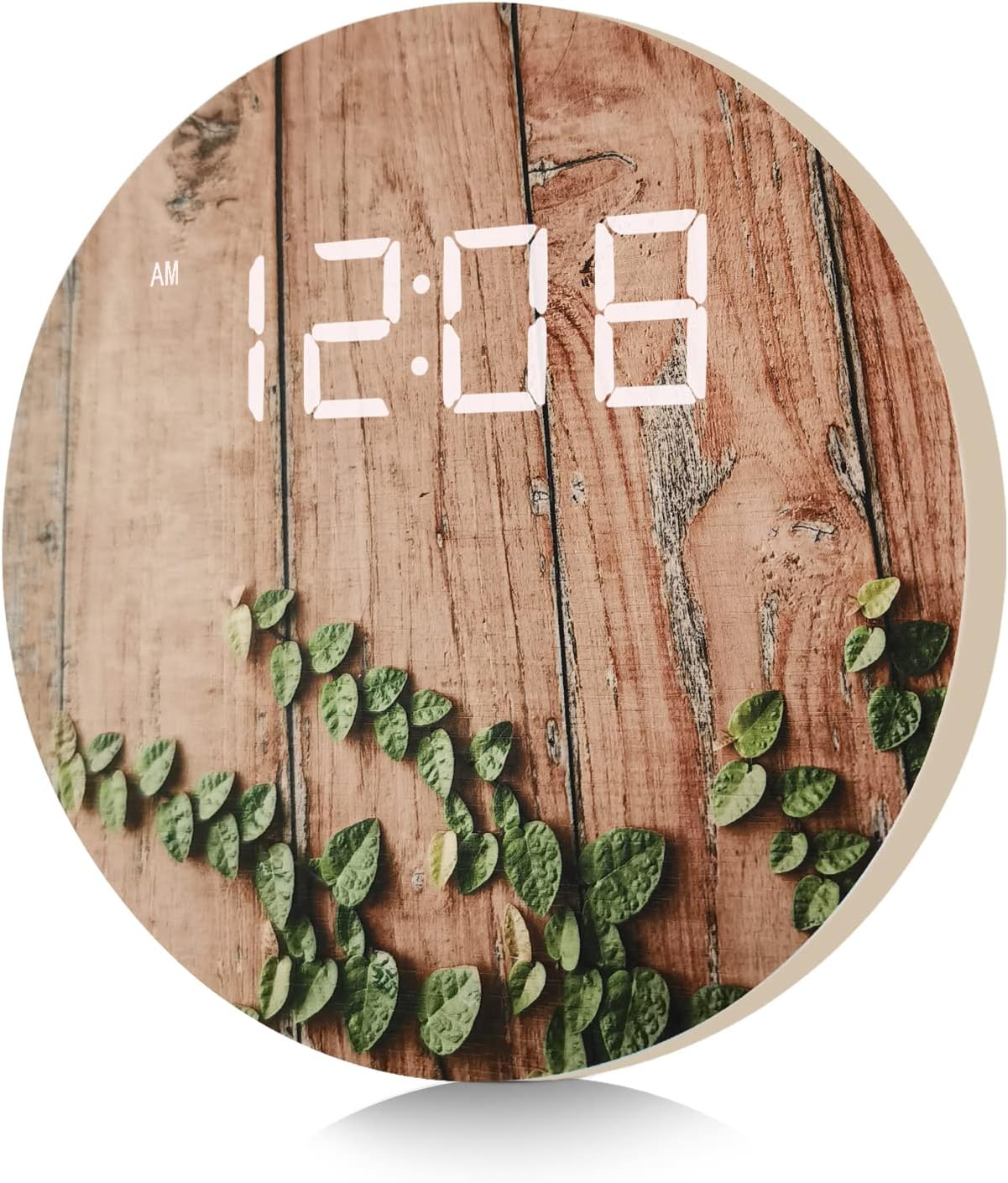 Digital Wall Clock, USB Powered Vintage Plank Striped Rattan Design, 12/24Hr Wall Mounted Digital Clock, LED Wooden Silent Wall Clock for Kitchen Living Room Bedroom Classroom Office (10 in)