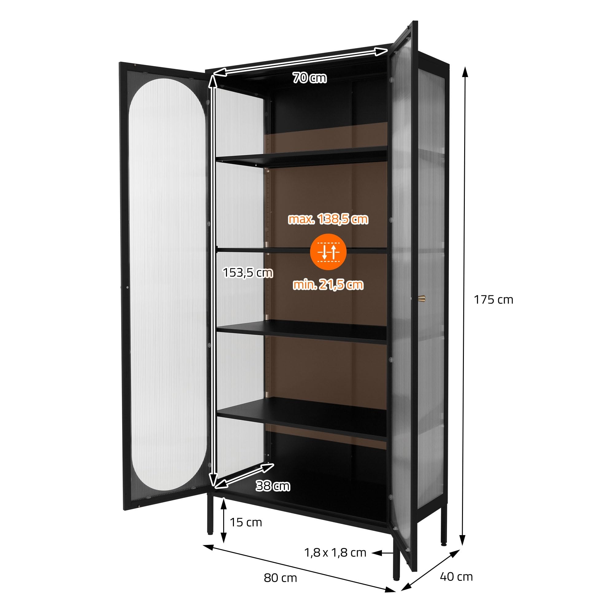 ML-Design Vitrinenschrank 80x175x40 cm, Schwarz, Vitrine mit 5 Ablage-/Regalfächer, 2 Türen, Wohnzimmer Metallschrank aus Stahl, Industrieller Stil, Hochschrank Bücherschrank Aktenschrank Standschrank