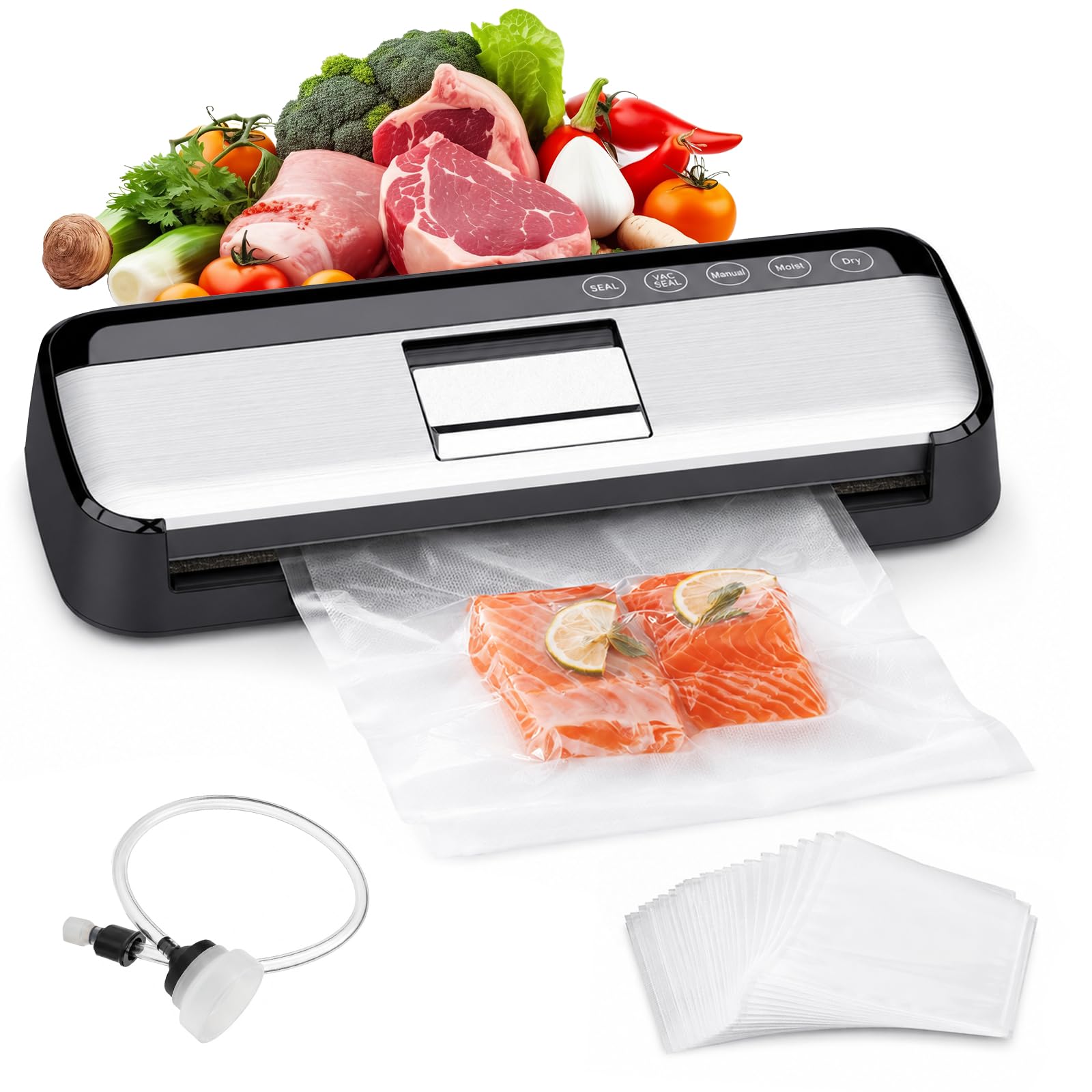 Envasadora al Vacío para Alimentos, Selladora al Vacío Automática con 15 Bolsas, Máquina de Sellado para Alimentos Secos y Húmedos, Vacuum Sealer con Doble Bomba y Sellado de 31 cm