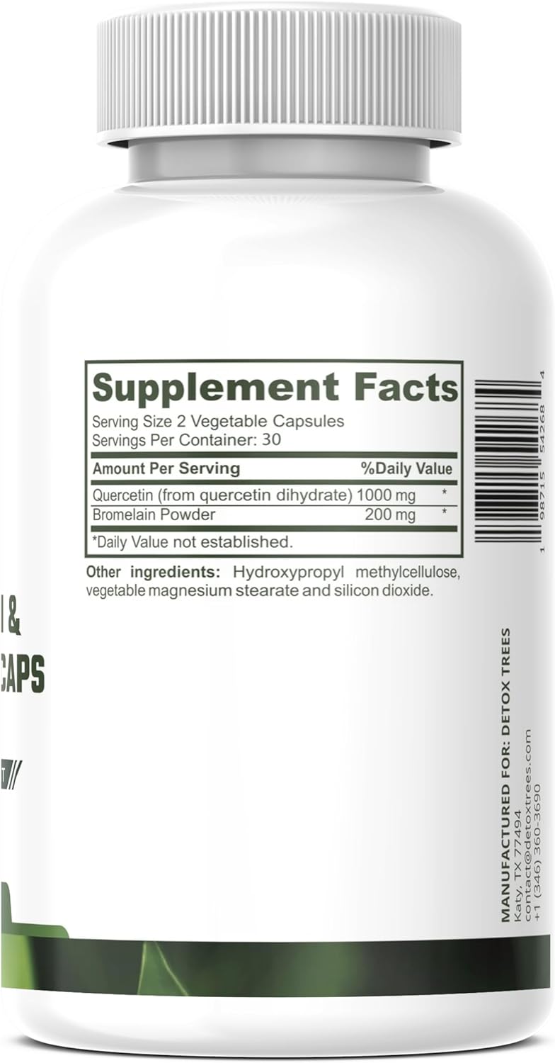 1000mg Quercetin, 200mg Bromelain Complex - Immune Support, Seasonal Allergy & Respiratory Health Supplement - Vegan, Non-GMO, 60 Capsules