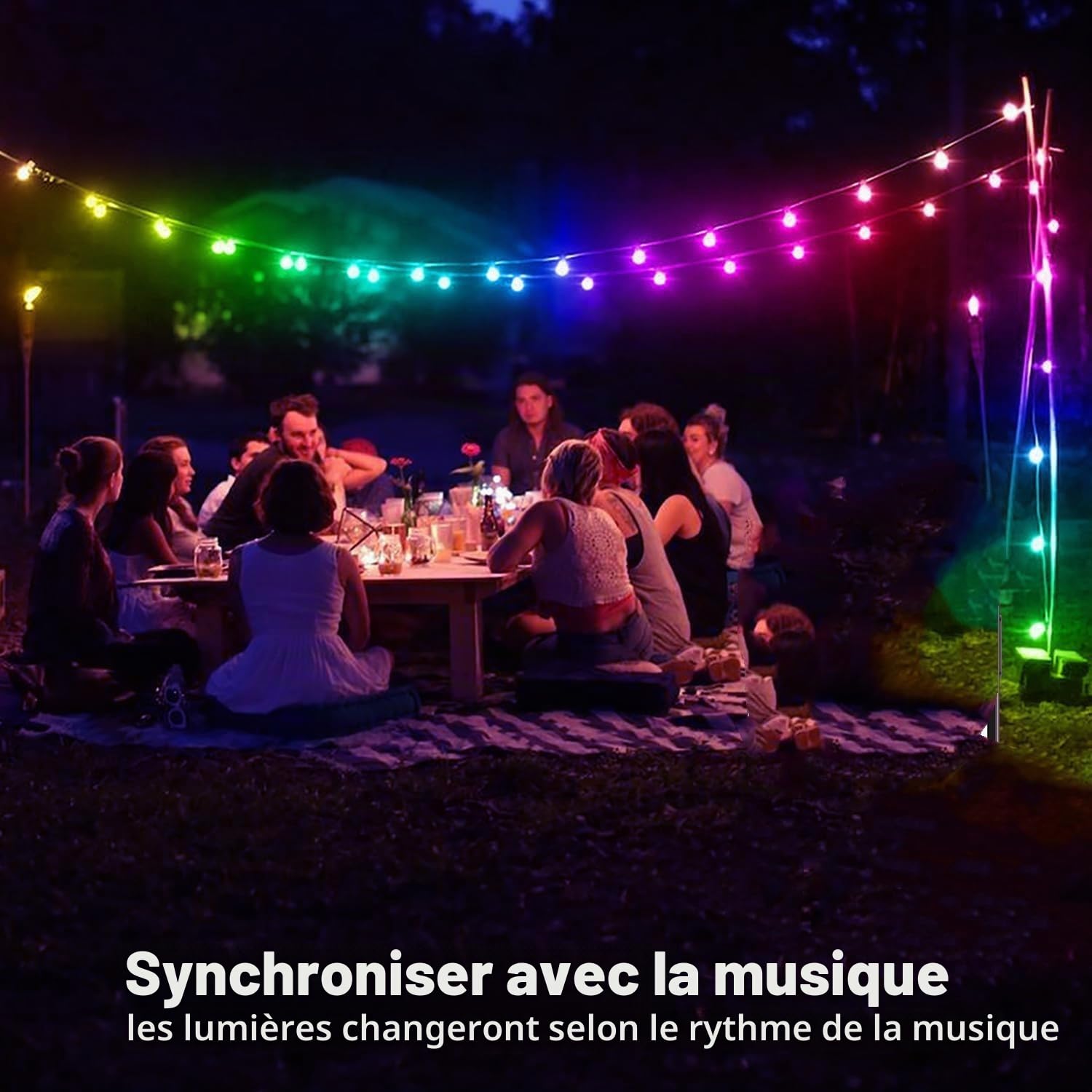 Guirlande lumineuse LED d'extérieur de 15 m, étanche IP65, multicolore, 20 ampoules RVB S14, application intelligente et télécommande contrôlée, pour terrasse, arrière-cour, fête, mariage, jardin