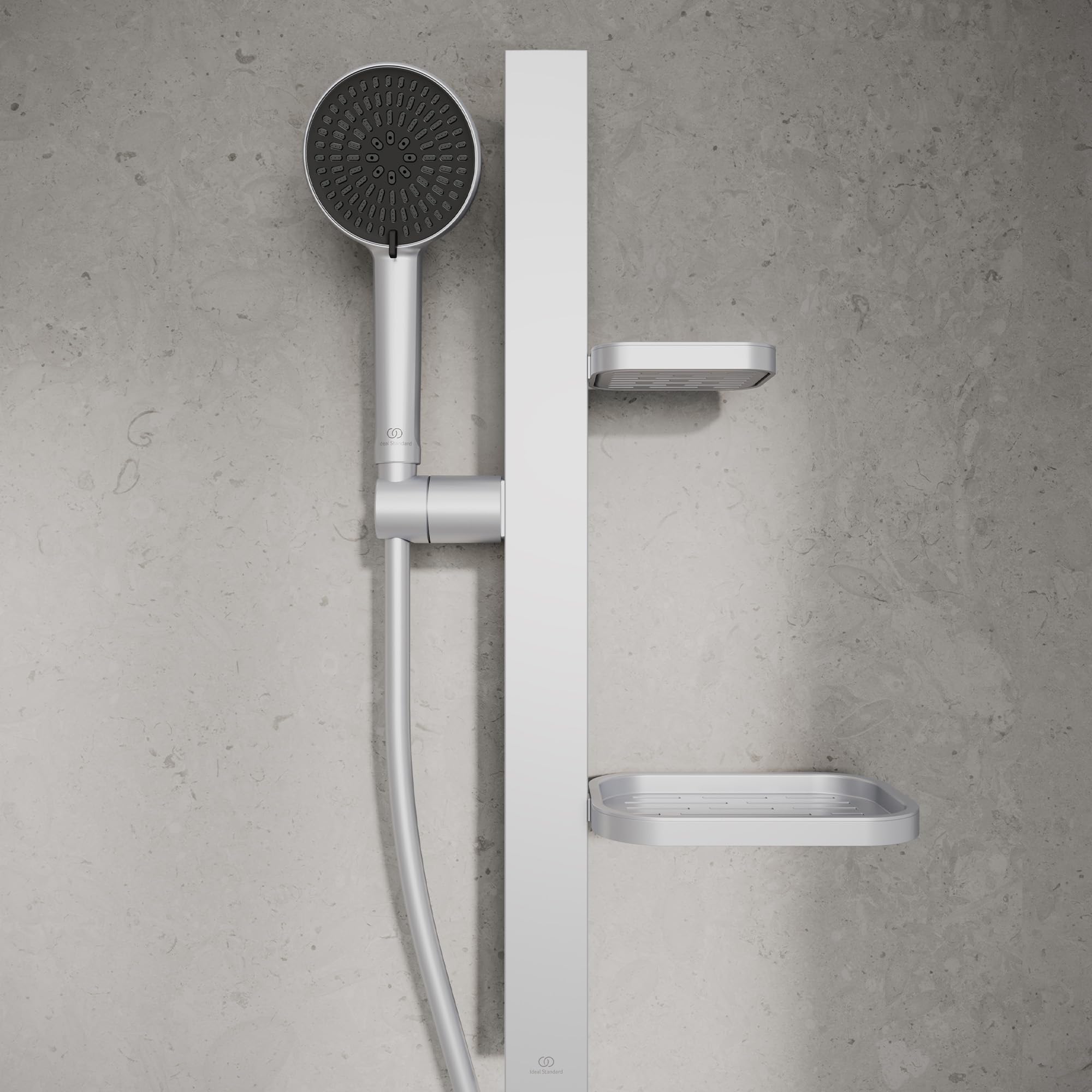 Ideal Standard Idealrain Alu+ Asta doccia, Soffione doccia a risparmio idrico con due tipi di getto (SilkRain e Rain) e ripiani regolabili – Argento (349x157x600 mm)