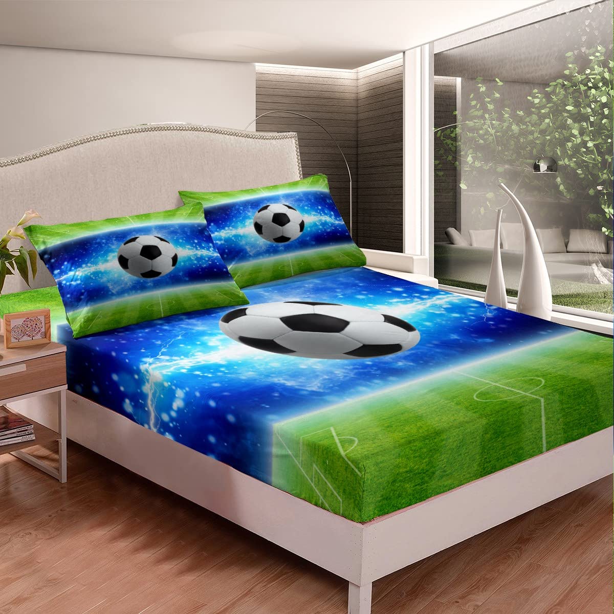 Football Kids Fitted Sheet Double Size, American Soccer Bed Cover with 2 Pillowcases - Image 2