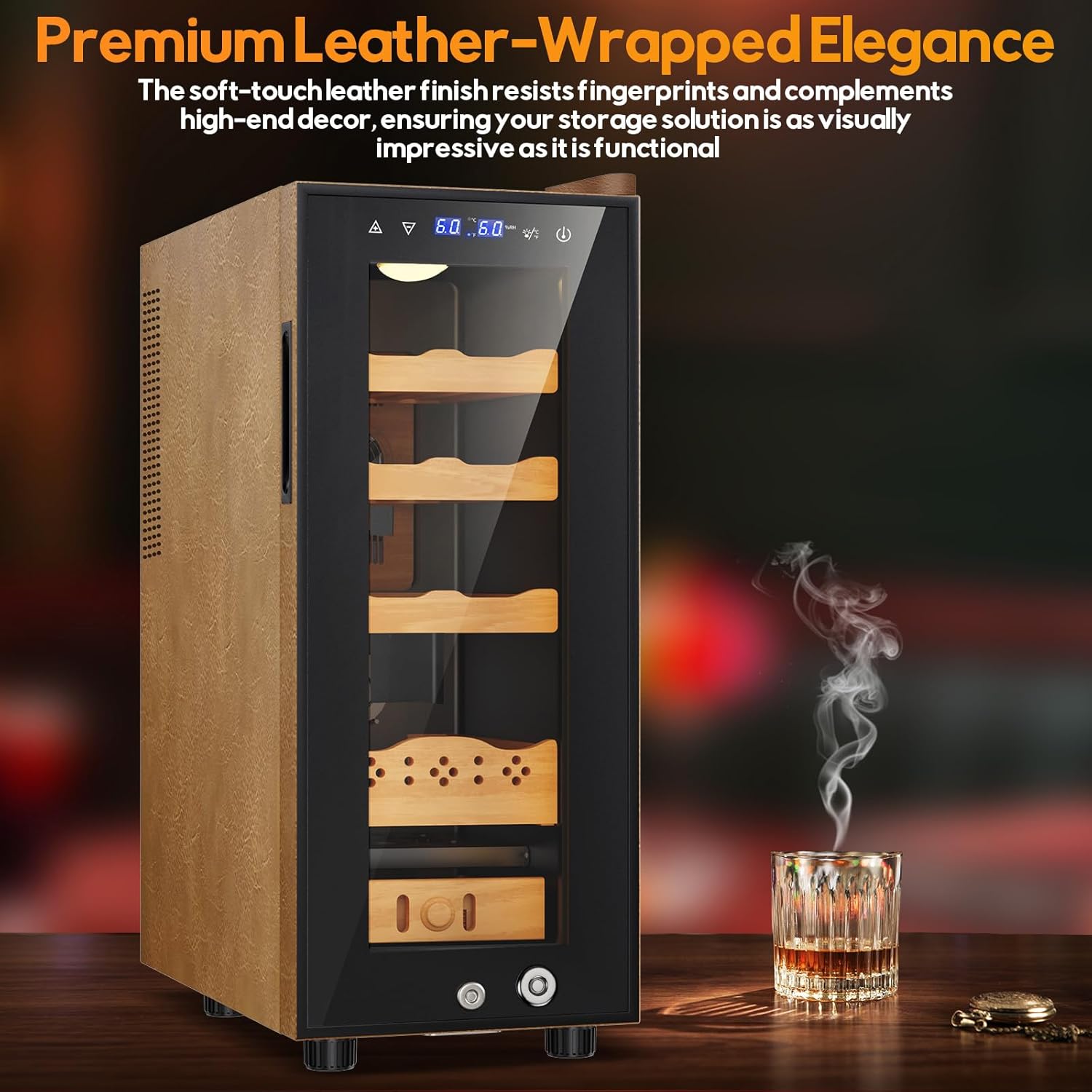 Upgraded 35L Electric Humidor with Leather, 250 Counts Large Capacity,Thermostatic Electric Cooler Cabinet with Digital LED Screen, Safety Lock,Smart Humidity & Temp Control, Gifts for Men