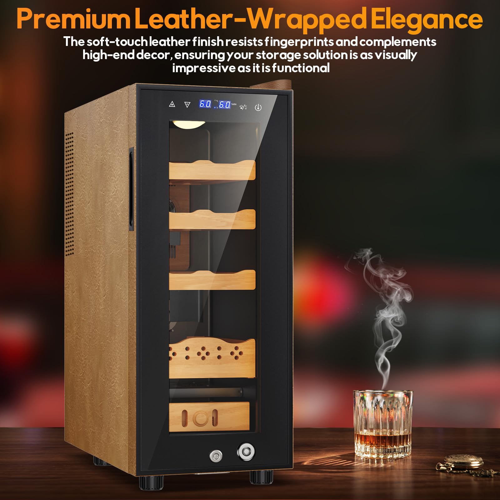 Velieta Upgraded 35l Electric Humidor With Leather, 250 Counts Large Capacity,Thermostatic Electric Cooler Cabinet With Digital LED Screen, Safety Lock,Smart Humidity & Temp Control, Gifts For Men on Fridge.com - View 2