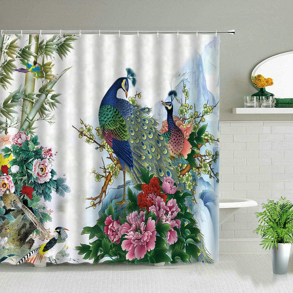 Tende da Doccia Pavone Blu Bellissimo Uccello Fiore Pianta Acquerello