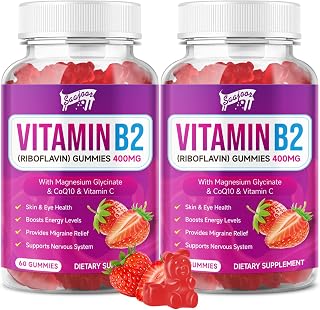 2 Pack Vitamin B2 Gummies- Riboflavin 400mg with Magnesium & CoQ10 & Vitamins for Kids & Adults, Migraine Relief & Headache Relief - Strawberry Flavor, 120 Gummies