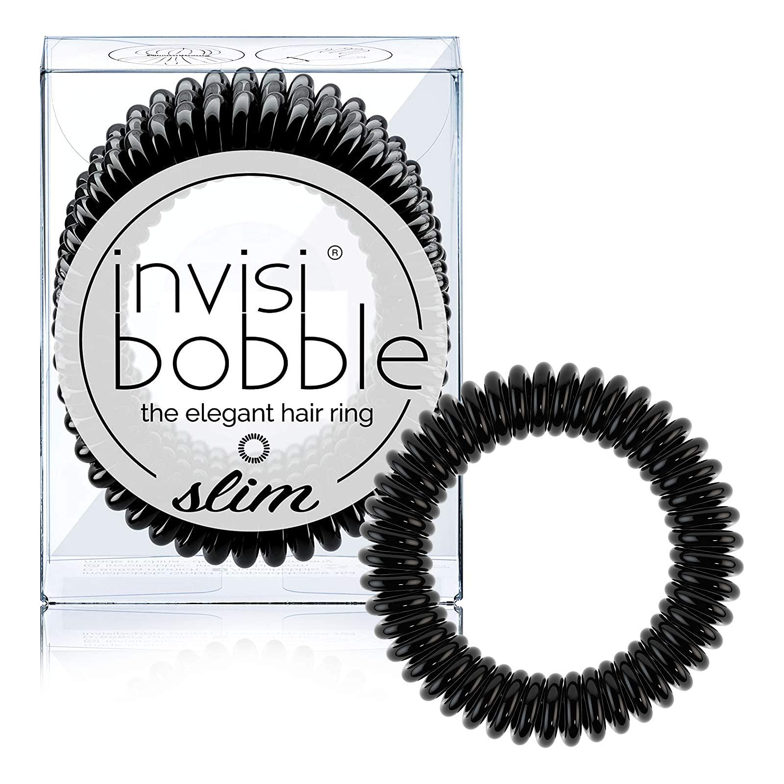 invisibobble SLIM Traceless Spiral Hair Ties - Pack of 3, True Black - Strong Elastic Grip Coil Hair Accessories for Women - No Kink, Non Soaking -