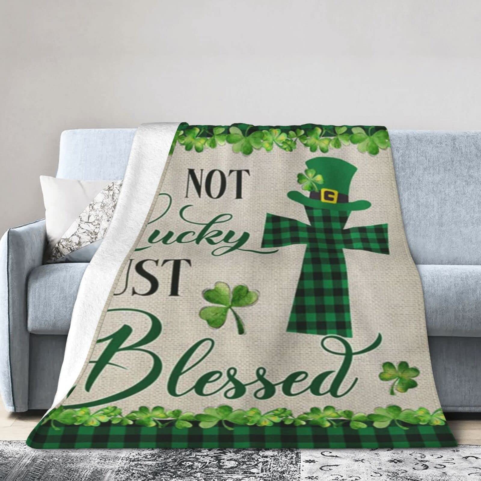 Lsjuee Flannel Fleece Blanket 50"X40" St. Patrick‘s Day Irish Shamrock CloverLucky Just Blessed Sofa Throw Blanket Quality Ultra-Soft Travel Spring Blankets for Boys Keep Warm