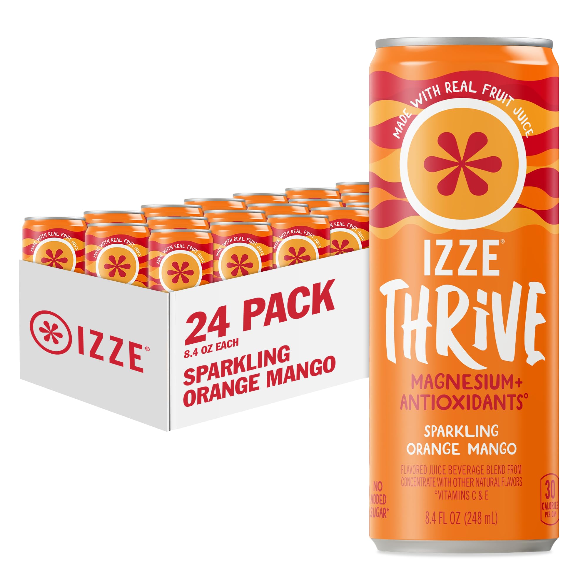 IZZE Thrive Sparkling Juice, Orange Mango, No Sugar Added, 8.4 FL OZ, 24 Cans