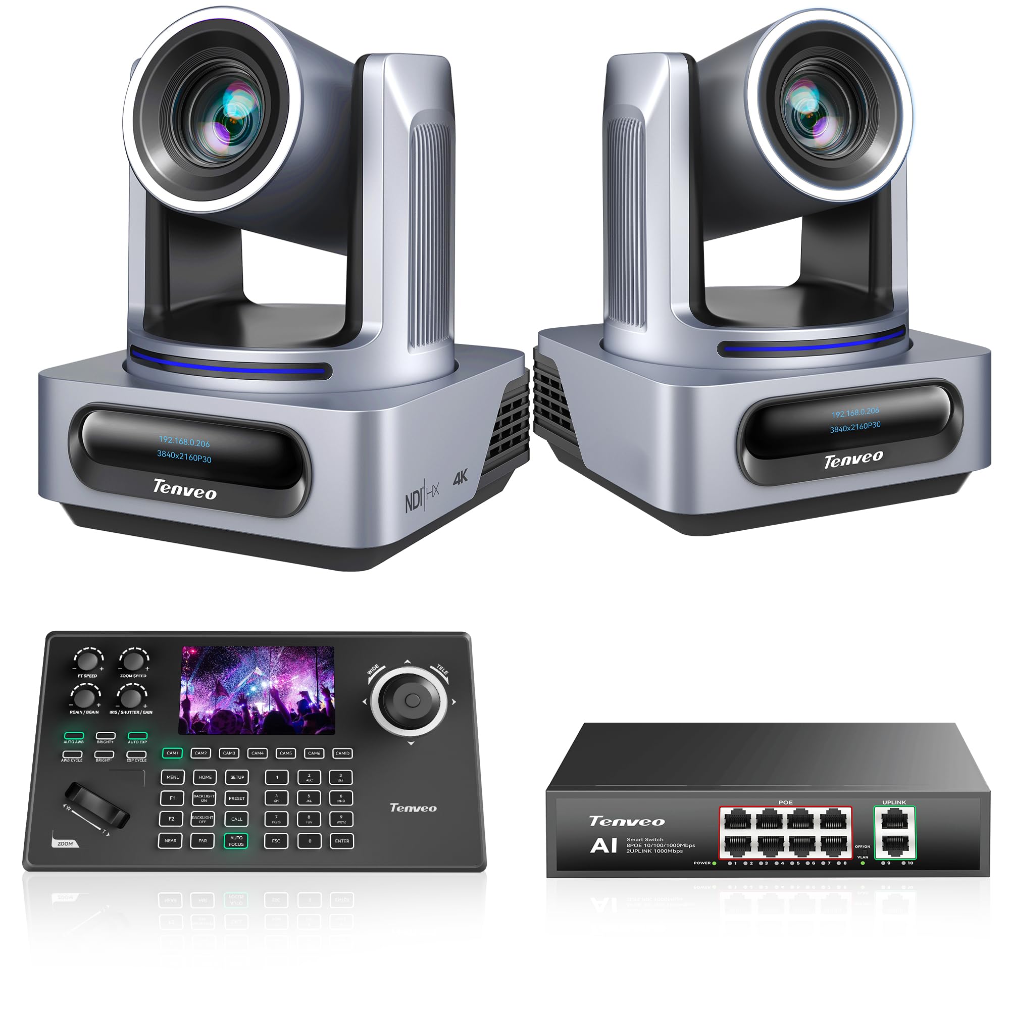 Tenveo Kit Telecamera PTZ e Controller - 2 Telecamere NDI PTZ 4K con Auto-Tracking AI 20X, SDI/HDMI/USB3.0/LAN(PoE) e Controller Joystick NDI con Screen da 5” + PoE Switch per Live Streaming