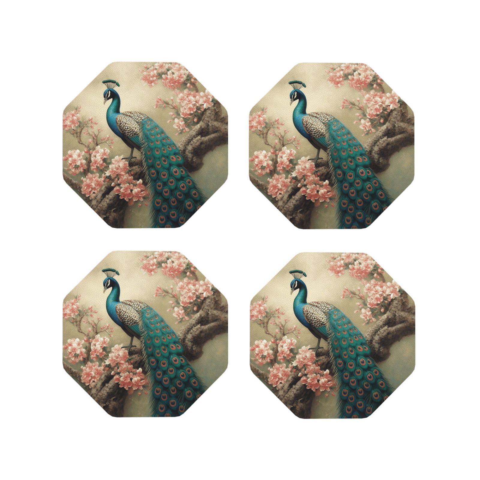 4pcs Drink Coasters for Tabletop Protection, 4" Leather Coasters for Drinks, Oriental Peacock Cup Coasters for Coffee Table Decor, Non-Slip Drinking Cup Mat for Hot Or Cold Drink