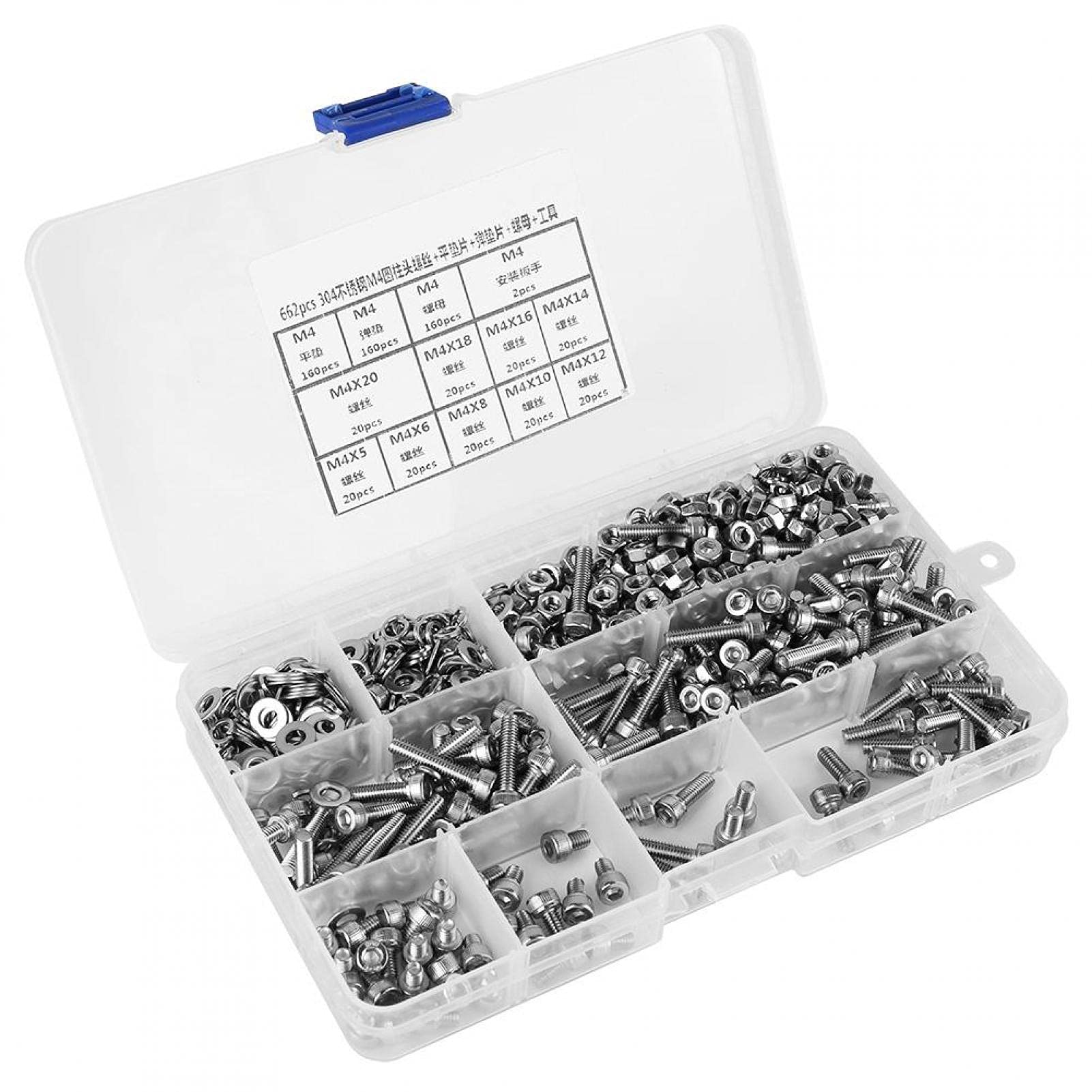 Innensechskant, 662-teiliges M4-Schraubenset, 304 Edelstahl, Zylinderkopfschraube + flache/elastische Unterlegscheibe + Mutter für elektrische Verbindungen im Haushalt.